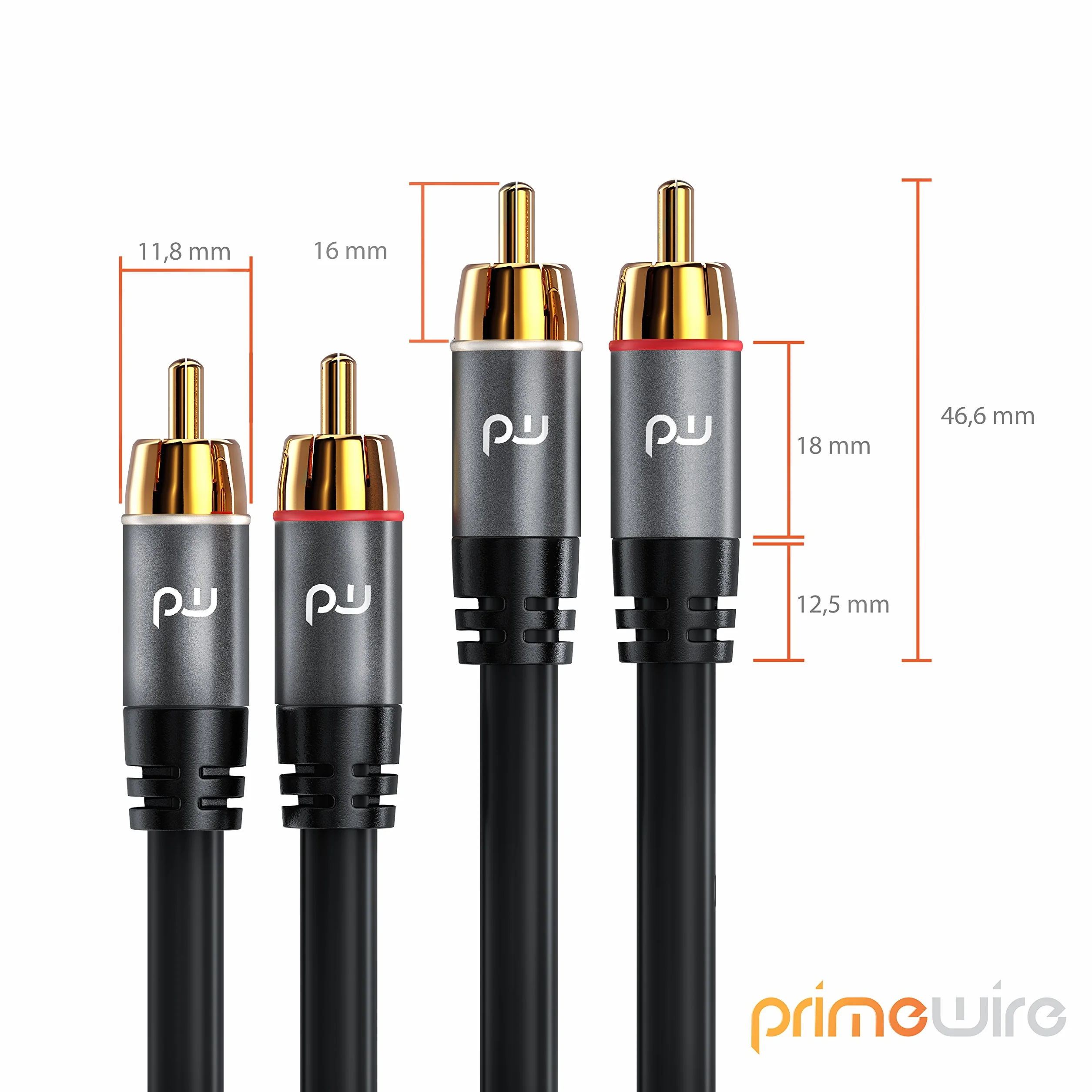 Primewire - Câble Audio stéréo Cinch de 2 m - Câble coaxial entrée Aux - 2 x RCA mâle vers 2 x RCA mâle - Fiches plaquées Or de précision - Blindage continu - conducteur en cuivre sans oxygène,2m,Noir
