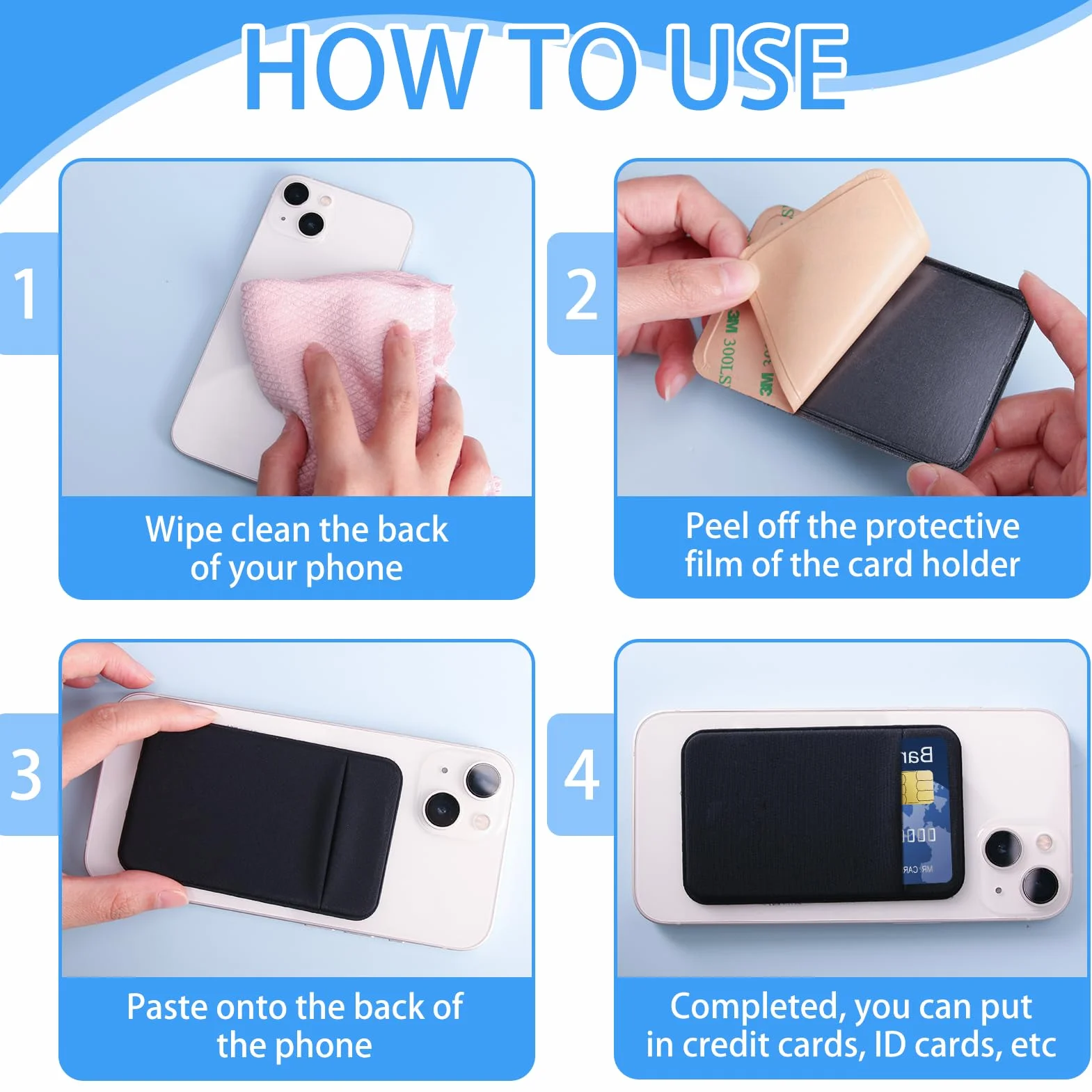 Portefeuille de Téléphone 3 Pièces à Coller Pochettes Extensibles en Tissu Compatible iPhone Samsung LG Noir