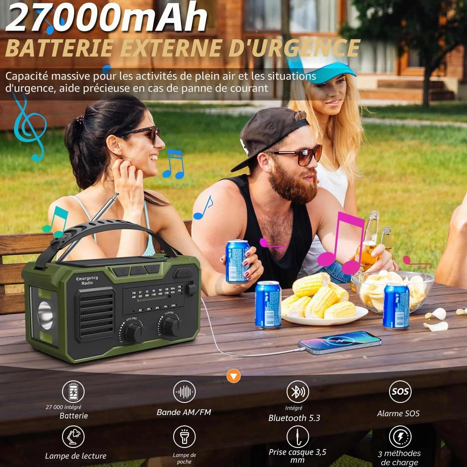 27000mAh Radio Survie FM/AM Solaire Bluetooth 5.3 Alarme SOS Boussole Lampe Dynamo Vert