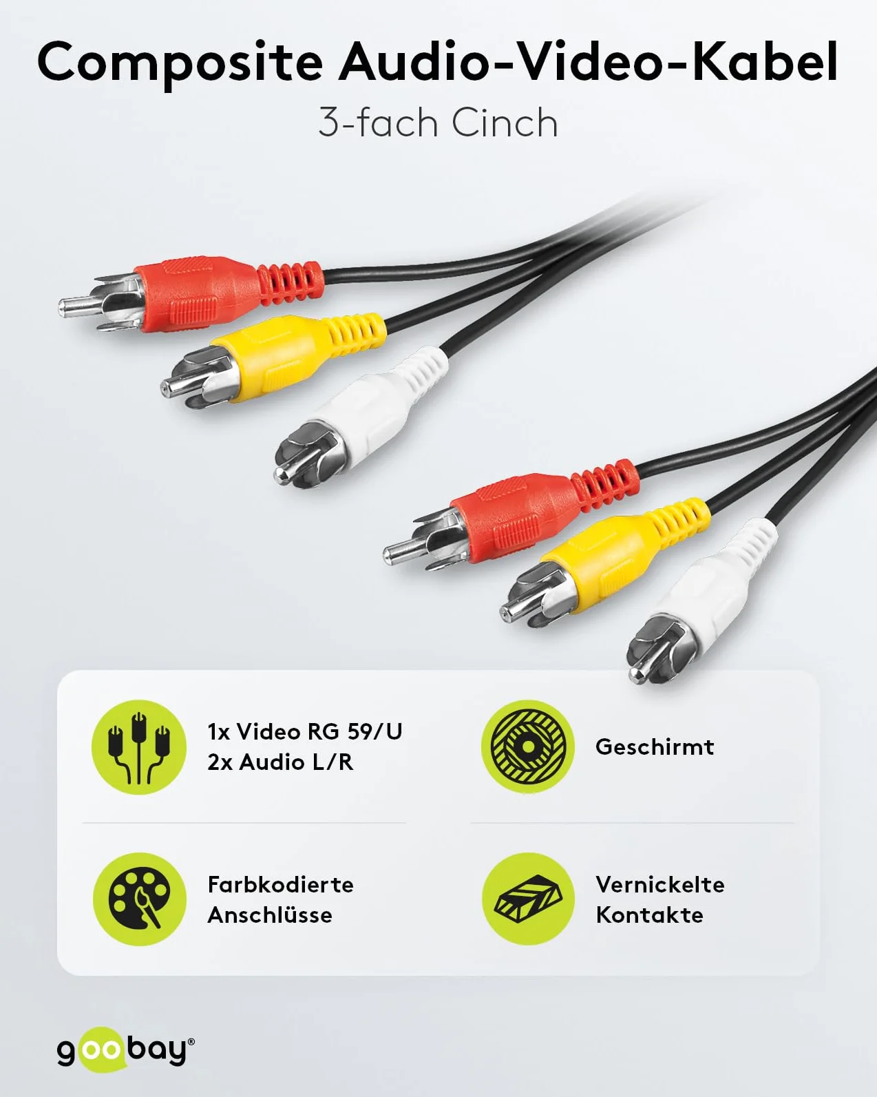 Goobay 50380 Câble de connexion audio vidéo composite, 3x RCA mâle à 3x RCA mâle, 1,5m