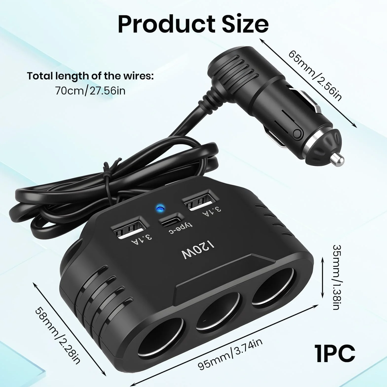 120W Prise Allume Cigare 12V 24V, Adaptateur avec 3 Prises Allume-Cigare 2 USB-A Port 1 Type C 5V 3.1A, Multi Chargeur Splitter avec LED pour Tablette GPS Phone Dash Cam Caméra Voiture