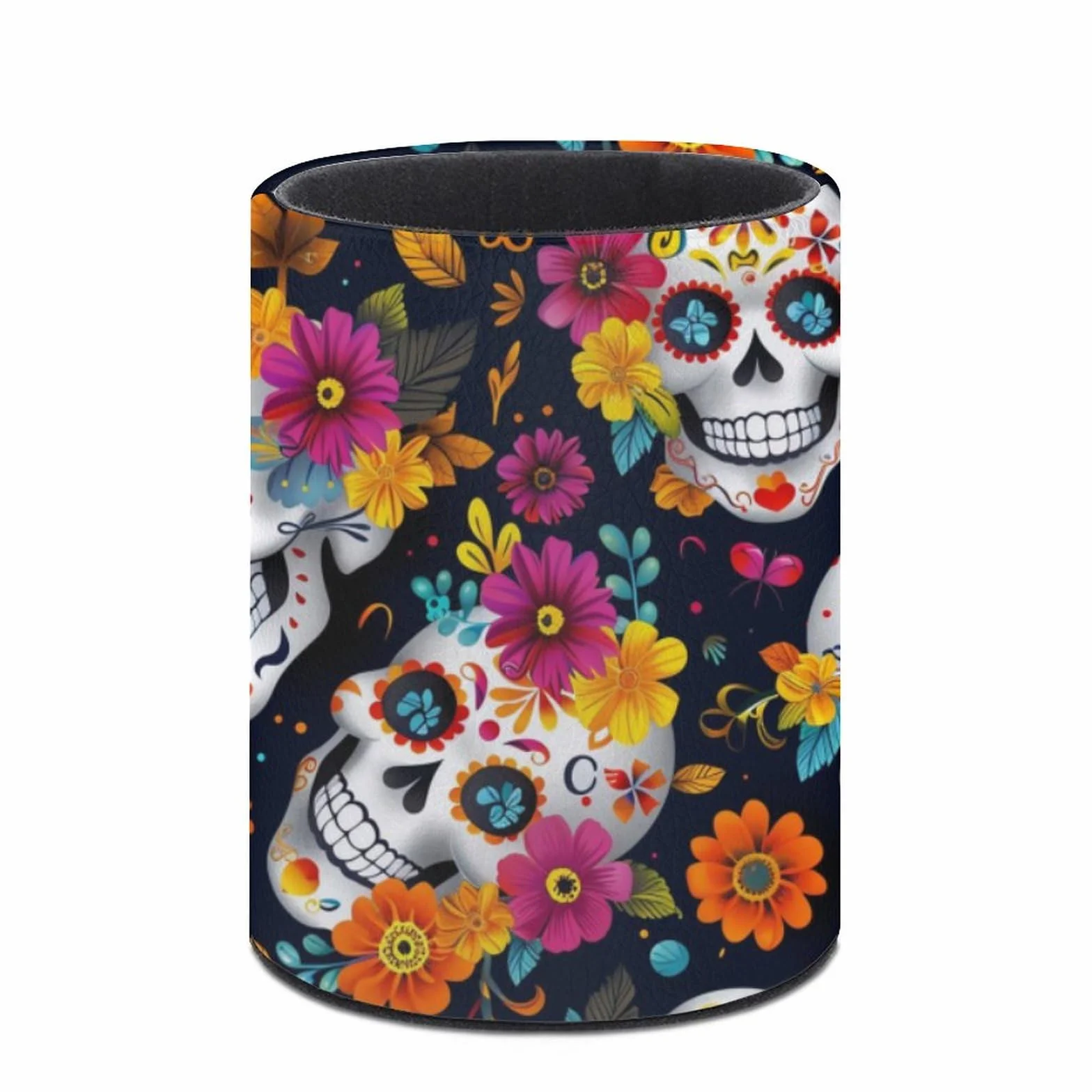 Pot à crayons rond en cuir tête de mort mexicaine - Organiseur maquillage bureau multifonctions