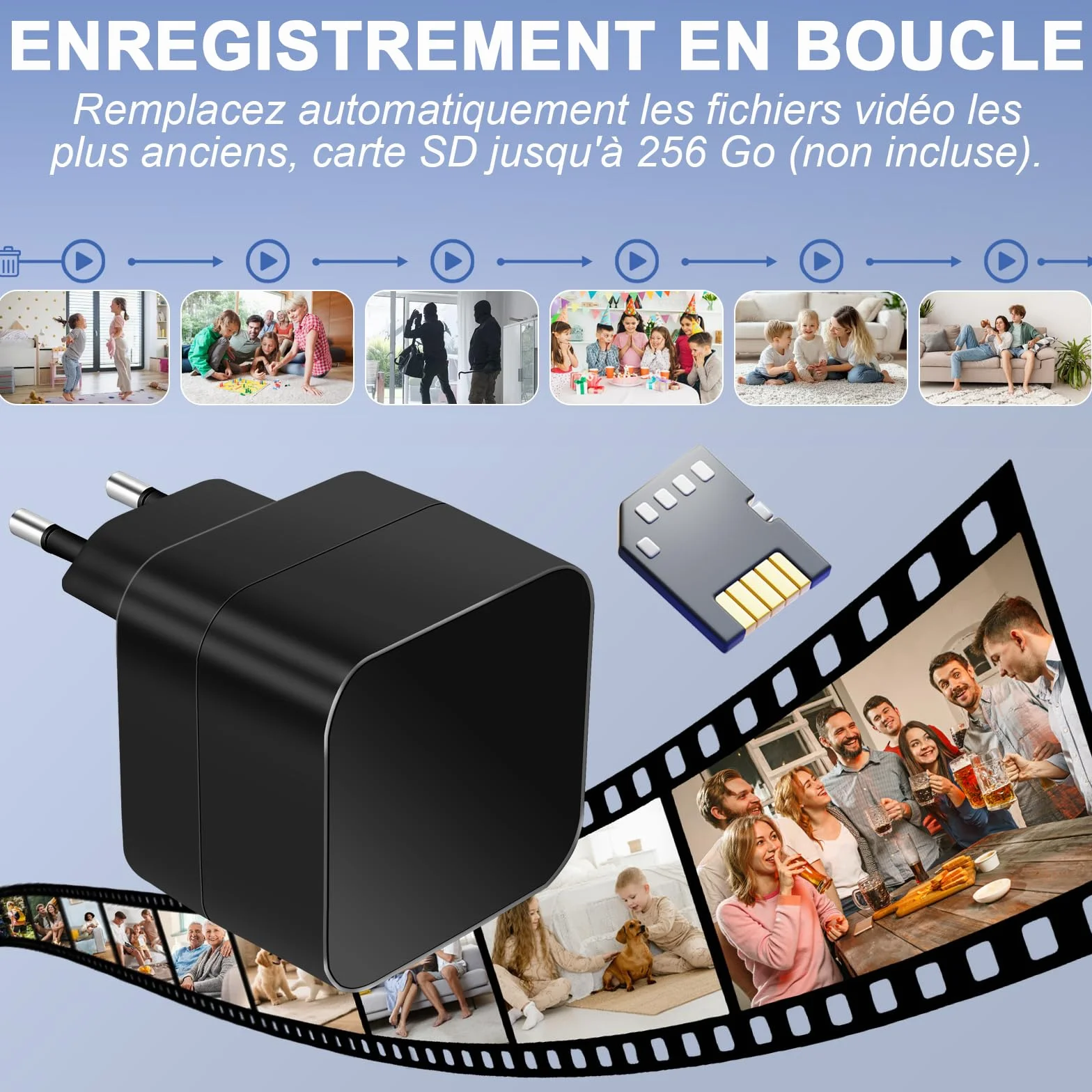 Caméra Espion WiFi 5G Cachée dans Chargeur USB Mini 1080P Détection Mouvement Enregistrement Boucle Visionnage à Distance Normes Européennes