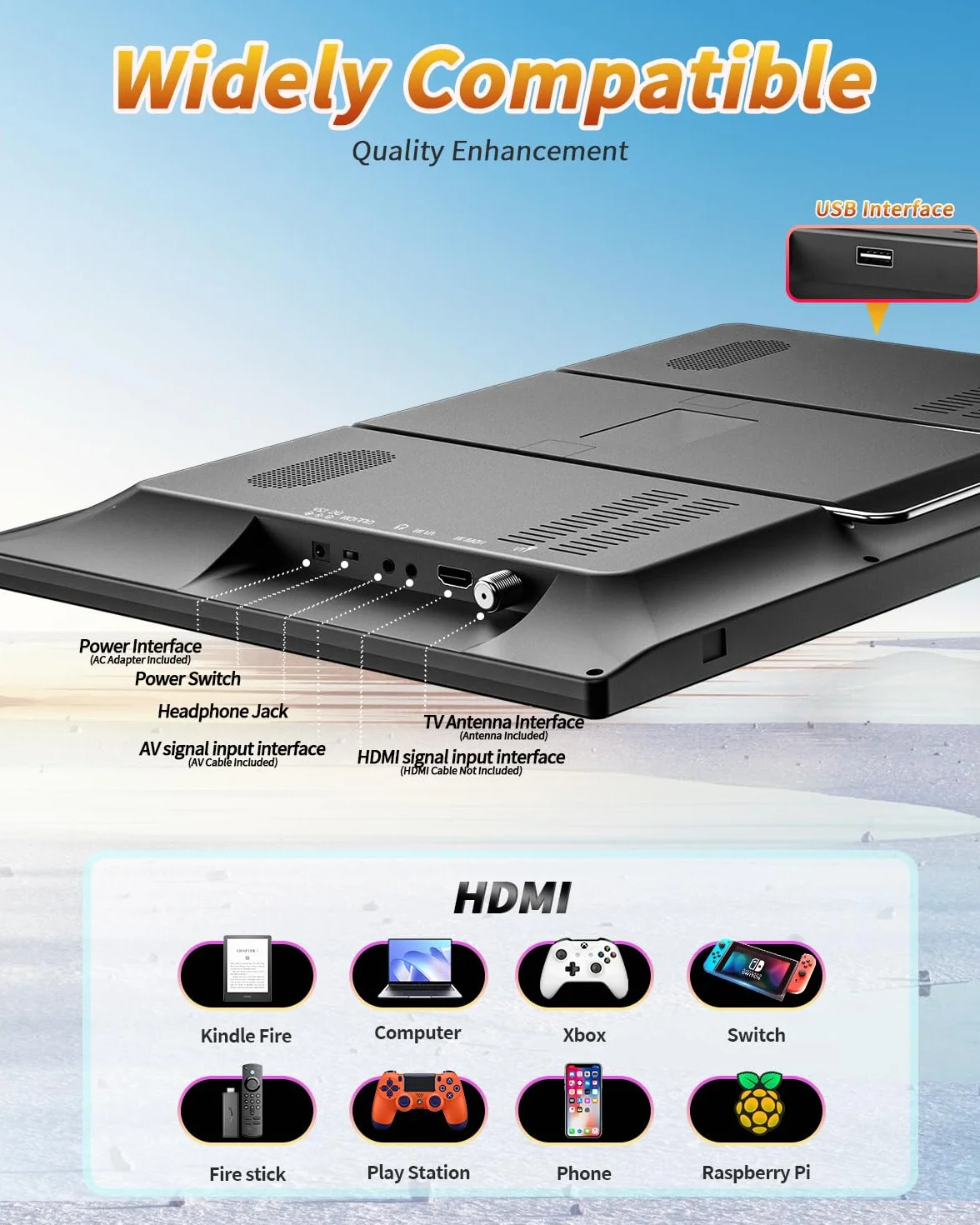 Desobry Téléviseur portable 19 pouces, petite tv 1080P avec batterie et support intégrée, Tuner numérique DVB-T2, HDMI AV USB, tv 12v pour camping car, VR, cuisine, chambre
