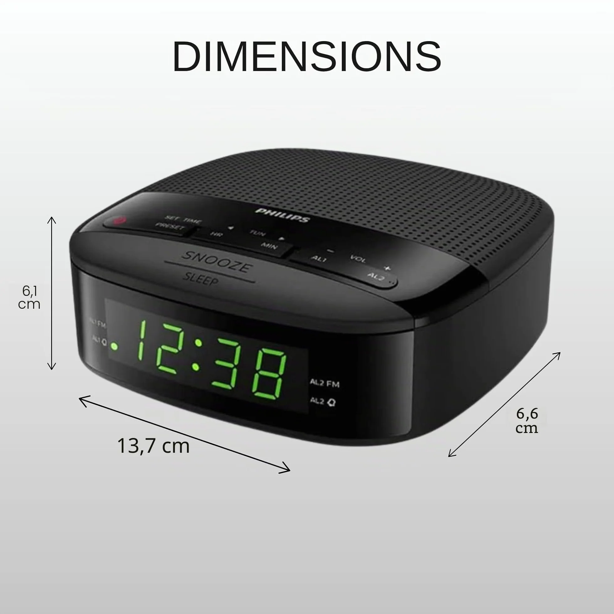 Philips Audio R3205/12 Radio-réveil, Radio FM (Double Alarme, Arrêt programmé, Radio numérique, Forme compacte, Batterie de Secours, Jusqu'à 10 présélection)