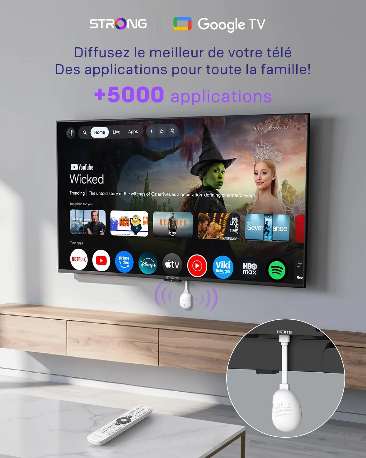 STRONG Leap-Neve 4K UHD Streaming Stick, Dolby Vision et Audio, HDR10+, 2 Go De RAM + 8 Go De Stockage Flash, WiFi 6, Android 12, Port Ethernet, HDMI 2.1 - Blanc