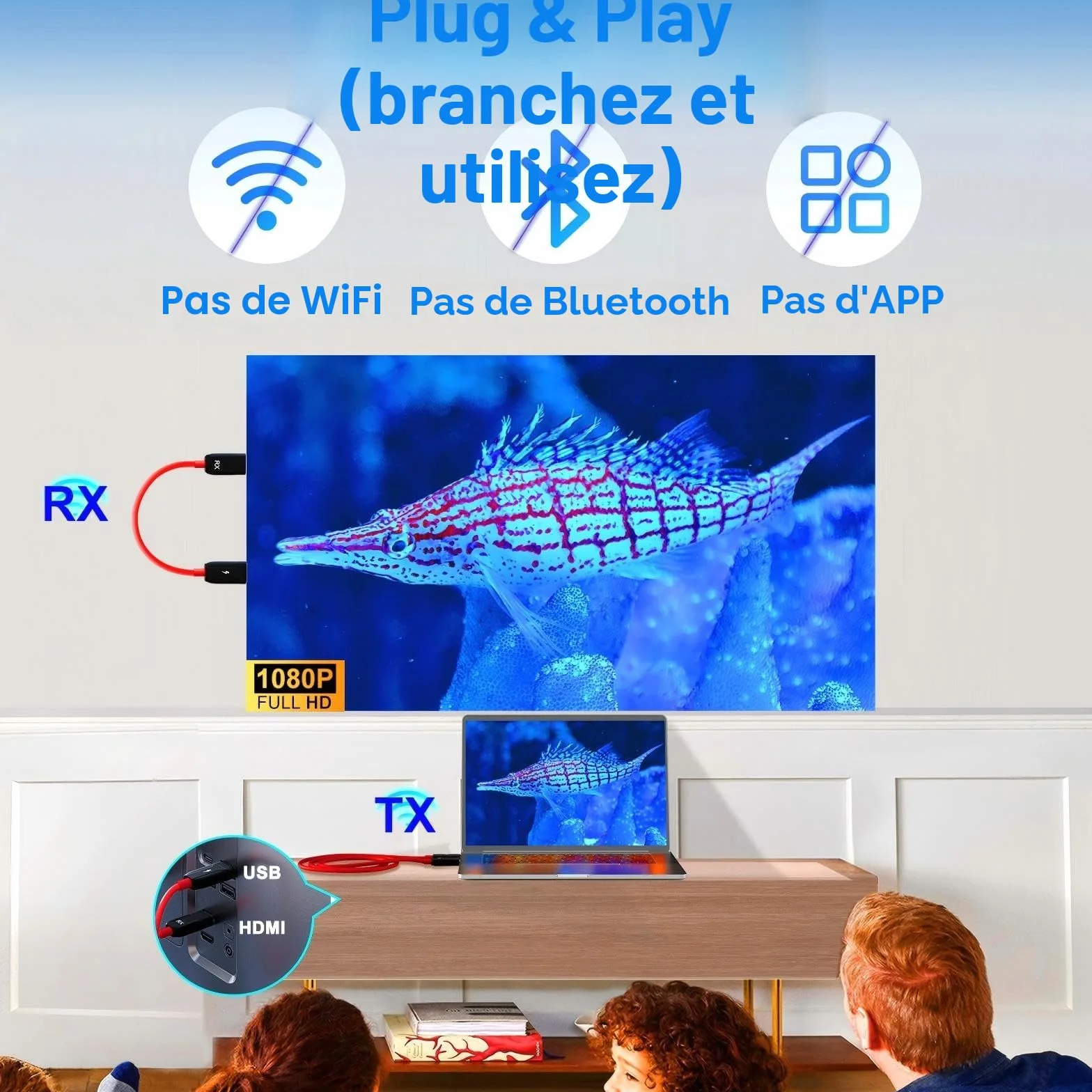 LXJADAP HDMI sans Fil, décodage 4K 1080P Émetteur et récepteur HDMI sans Fil pour Le Streaming de fichiers vidéo et Audio d'un Ordinateur Portable ou d'un PC vers Une TV HD ou Un projecteur, Rouge