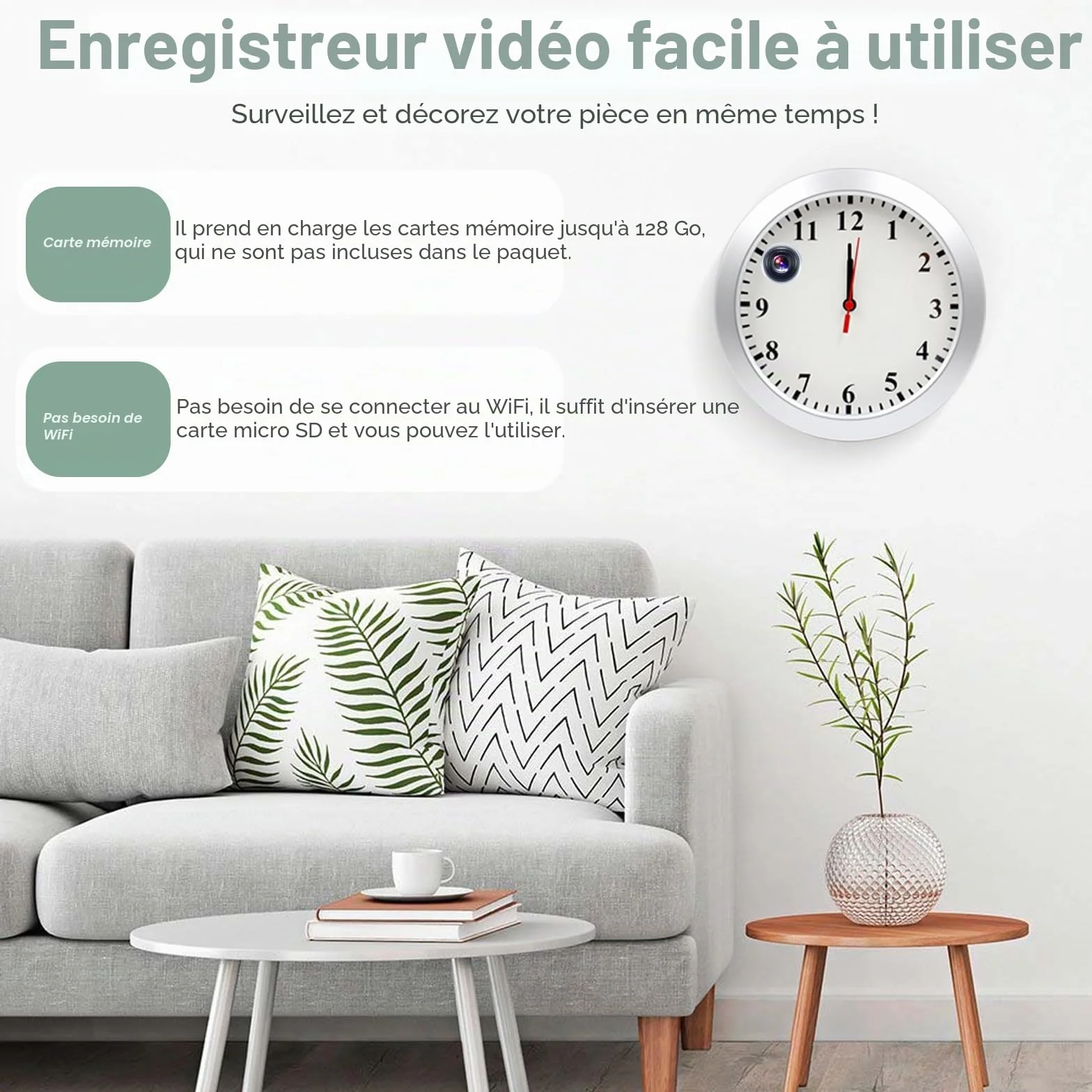 Caméra espion horloge 1080P HD Enregistreur vidéo avec détection de mouvement Enregistrement en boucle Caméra de sécurité intérieure Mini caméra cachée pour la maison, sans fonction WiFi