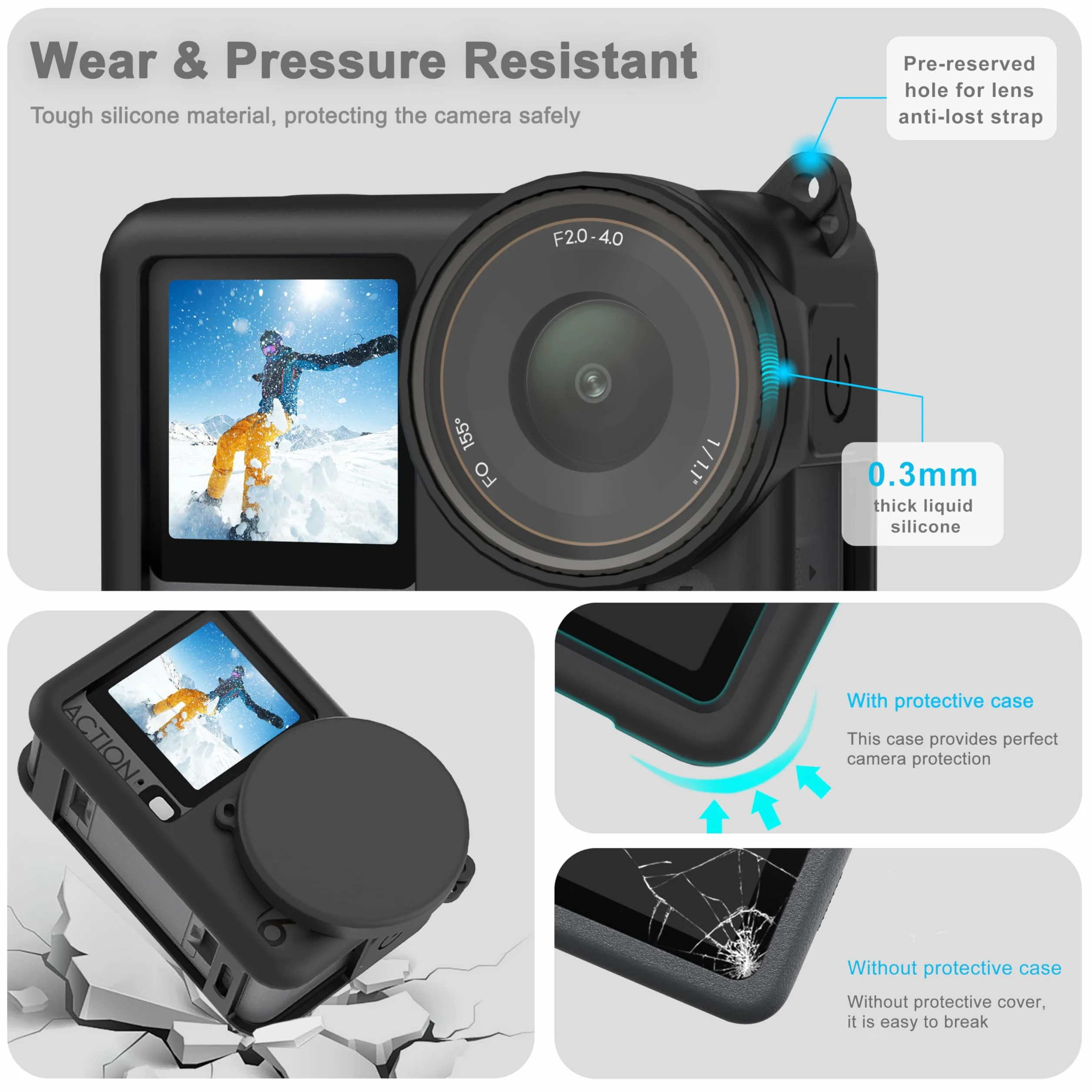 Étui en caoutchouc silicone + 3 protecteurs d'écran en verre trempé pour DJI Osmo Action 6