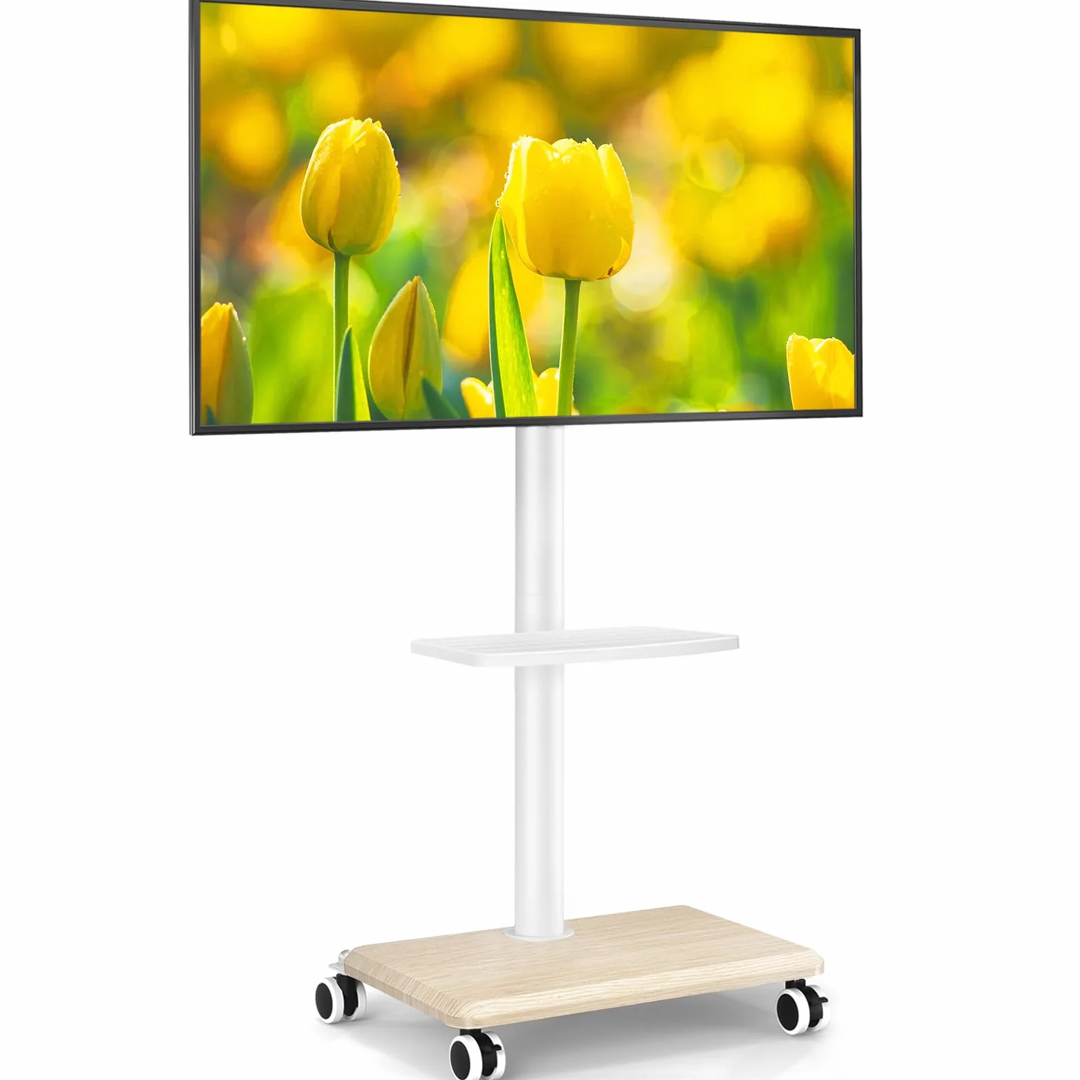 5Rcom Support TV roulettes Blanc Pied TV pour Télé de 27-55 Pouces, Réglable en Hauteur et Pivotant Support TV sur Pied avec roulettes Meuble Support TVs avec Base en Bois VESA Max 400x400mm Max 30kg