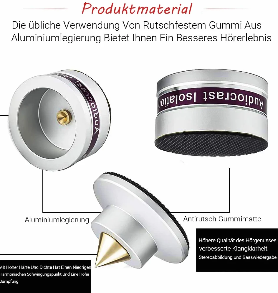 Tertullus Lot de 4 embouts en aluminium HiFi,38x33,Pour haut-parleur, isolant, pics de boxe,Amortisseurs de vibrations,Pour haut-parleurs, lecteur de CD, lecteur DVD, caisson de basses,Argenté