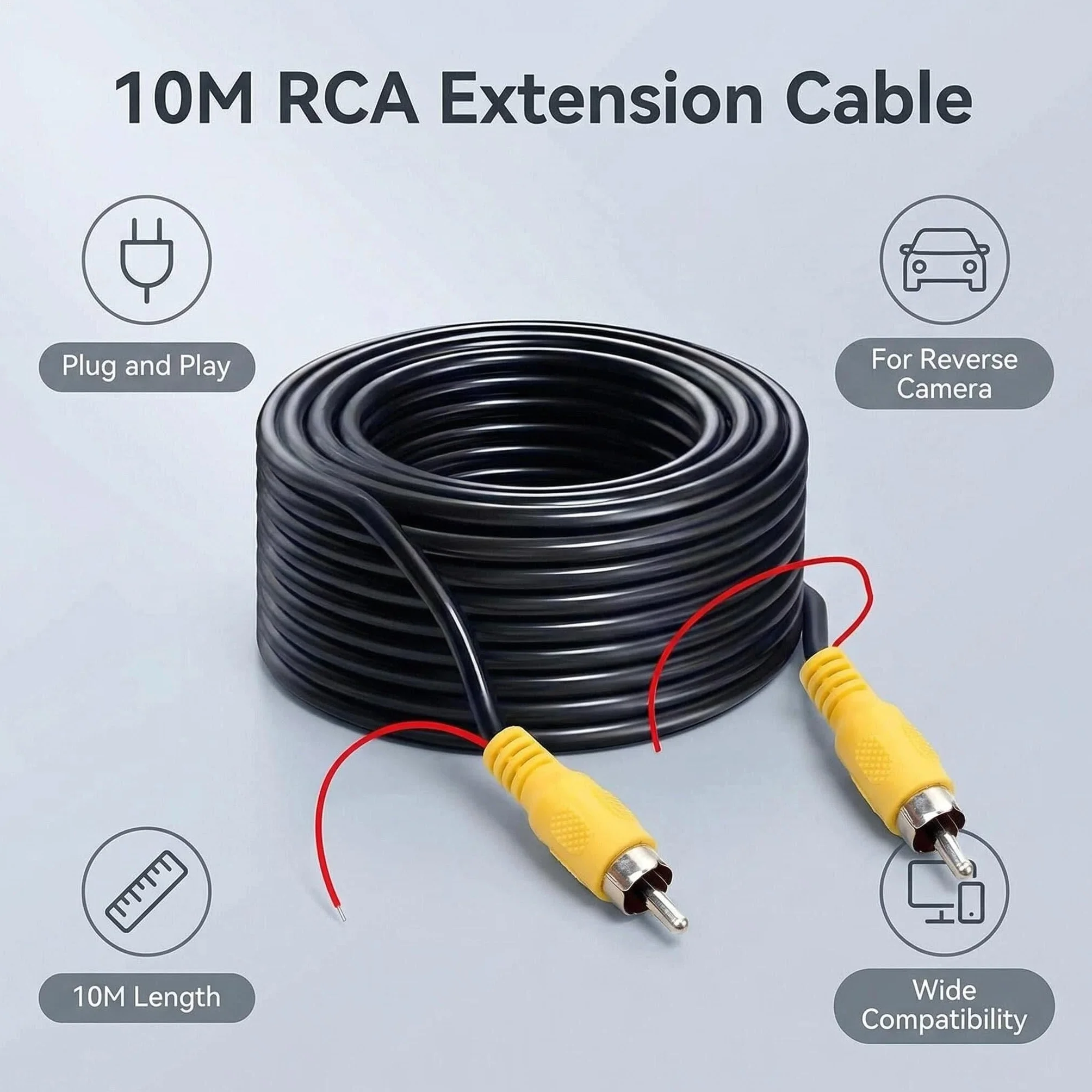 Générique Câble Vidéo RCA 10M pour Caméra de Recul, Extension AV Mâle-Mâle avec Fil de Détection, Cordon RCA Jaune pour Voiture Camion Camping-Car Moniteur TV Box