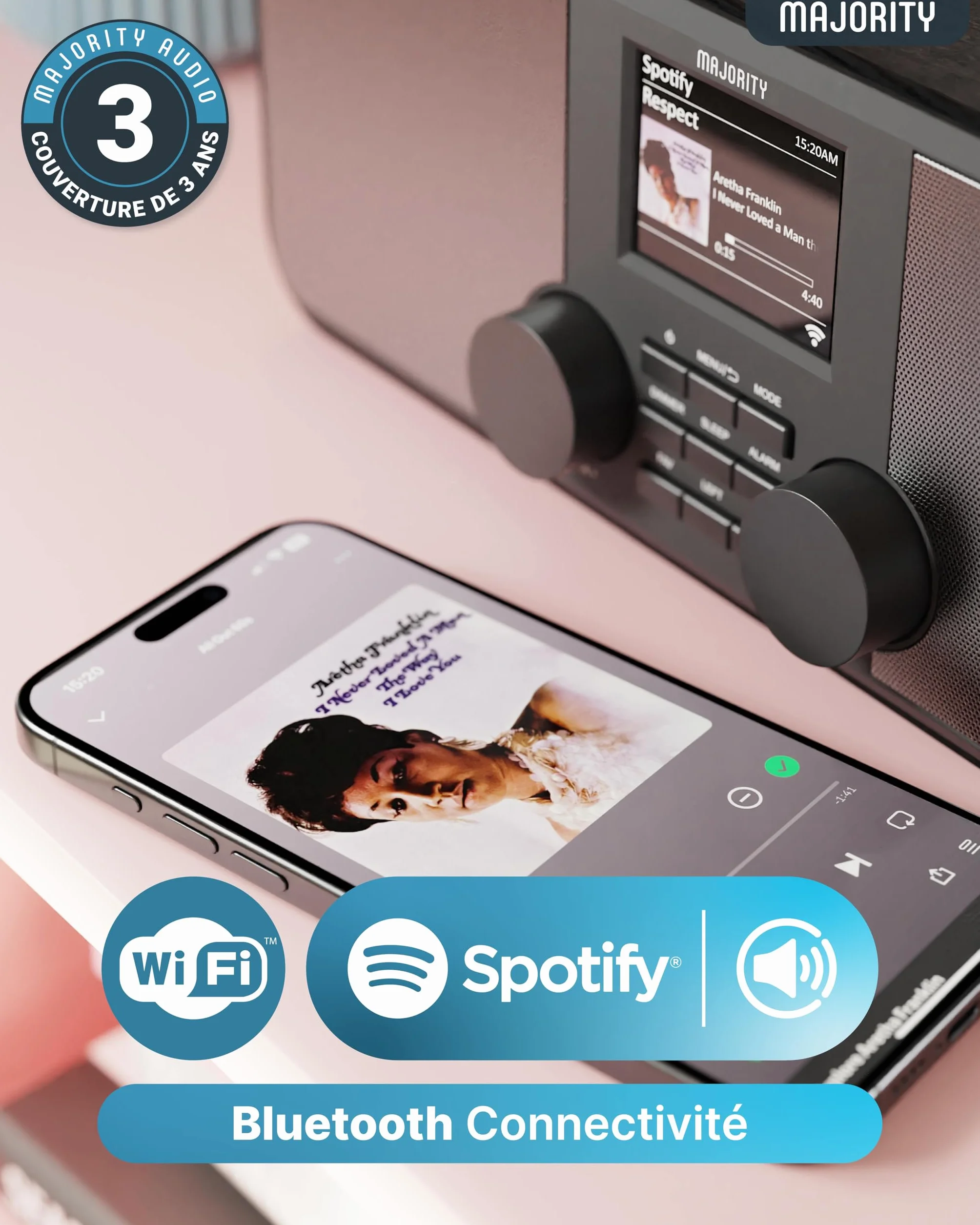 Majority Rostock Radio Internet WiFi DAB+ FM Bluetooth Haut-parleurs Stéréo 2.0 Spotify Connect Podcasts Télécommande