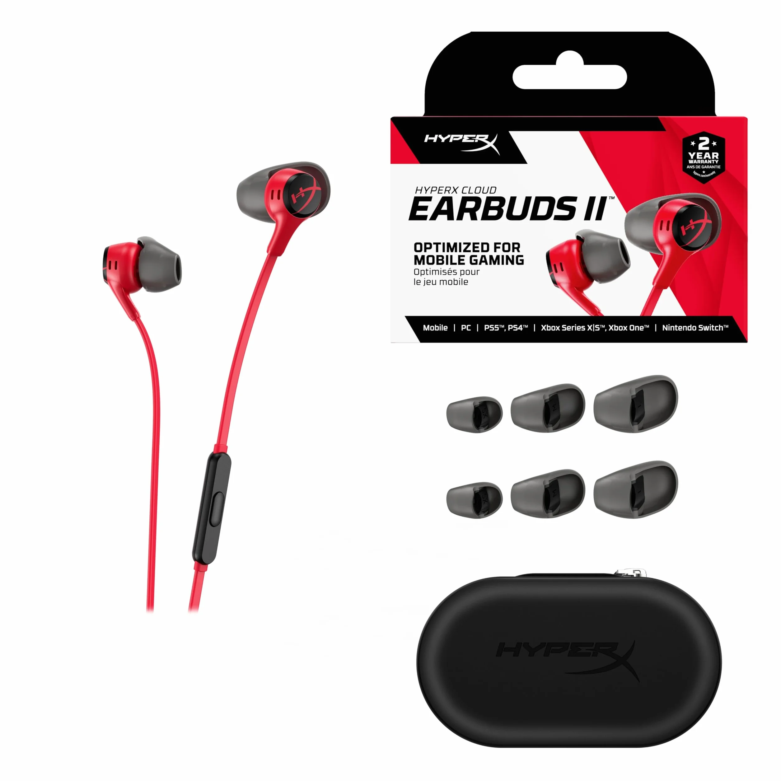 HyperX Cloud Earbuds II Écouteurs Gaming, Audio Immersif, Microphone Intégré, Prise Jack 3.5mm Coudée, Quatre Tailles d'Embouts, Pochette de Transport, Rouge