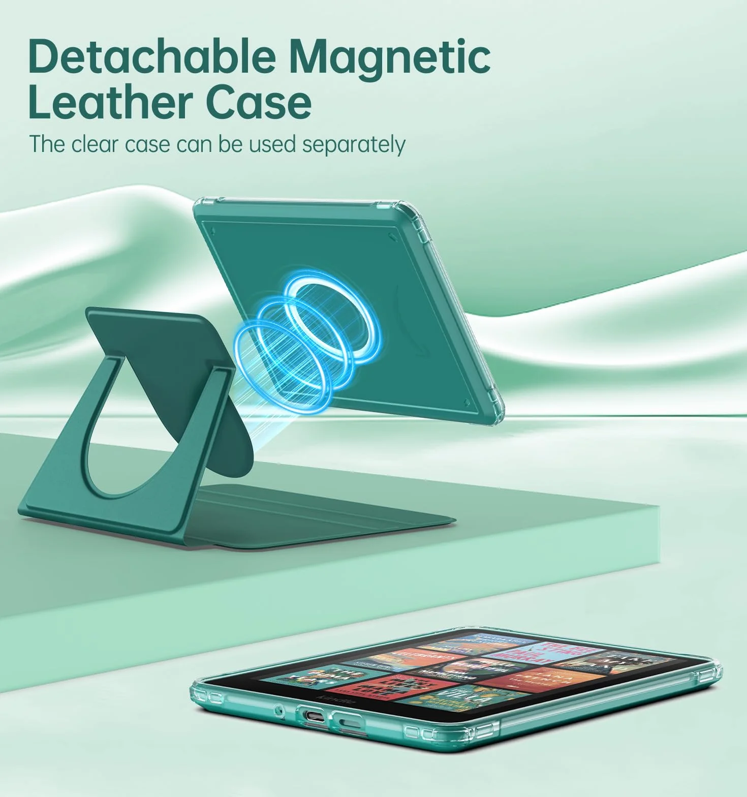 MoKo Coque Pivotante à 360° pour 7" Kindle Paperwhite 12e Gén 2024&Kindle Colorsoft 2024/2025, Étui Protection à Dos Clair Magnétique Détachable avec Support Réglable et Auto Réveil/Sommeil, Vert Jade