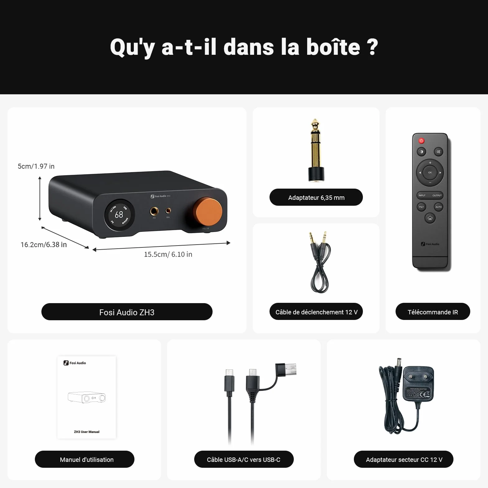 Fosi Audio ZH3 Ampli Casque DAC, Préampli Entièrement Équilibré avec AKM4493SEQ PCM768 kHz pour Amplificateurs, Entrée Déclencheur 12V/USB/OPT/COAX/RCA, sortie XLR/RCA/4,4 mm/6,35 mm avec Télécommande