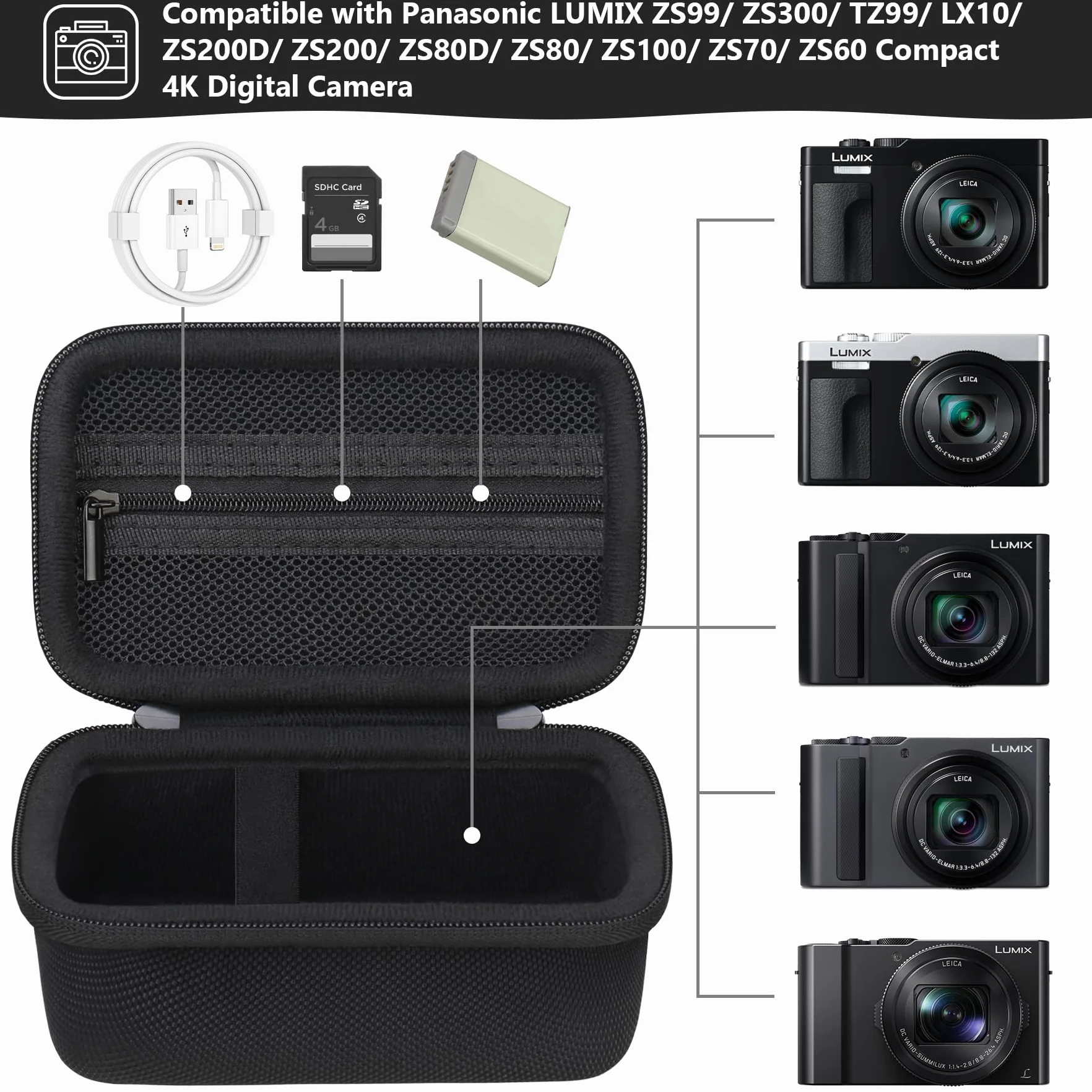 Étui pour Panasonic Lumix TZ99 TZ300 Appareil Photo Compact Zoom Sac de Protection Noir