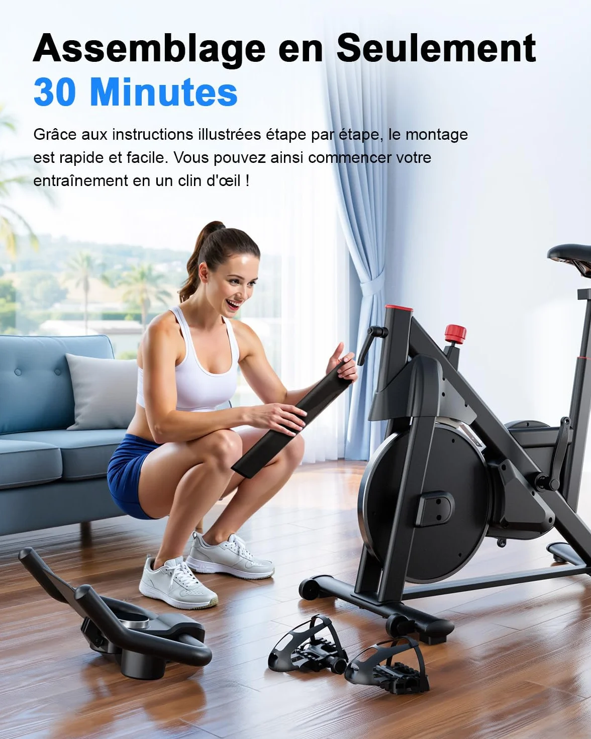 Vélo d'Appartement avec Écran LCD et Application, Résistance Magnétique Réglable, 136 kg