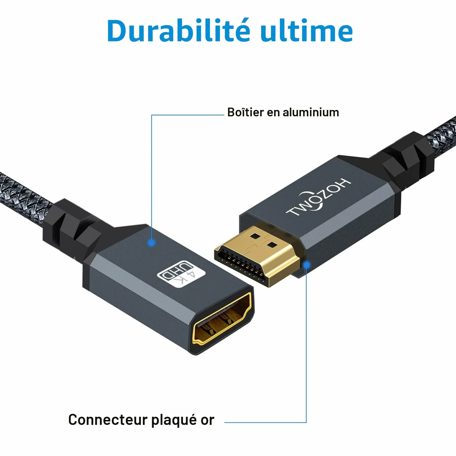 Câble d'Extension HDMI Mâle vers Femelle Twozoh, Rallonge Nylon Tressé 2.0 4K@60Hz 3D HDR (1,5M)