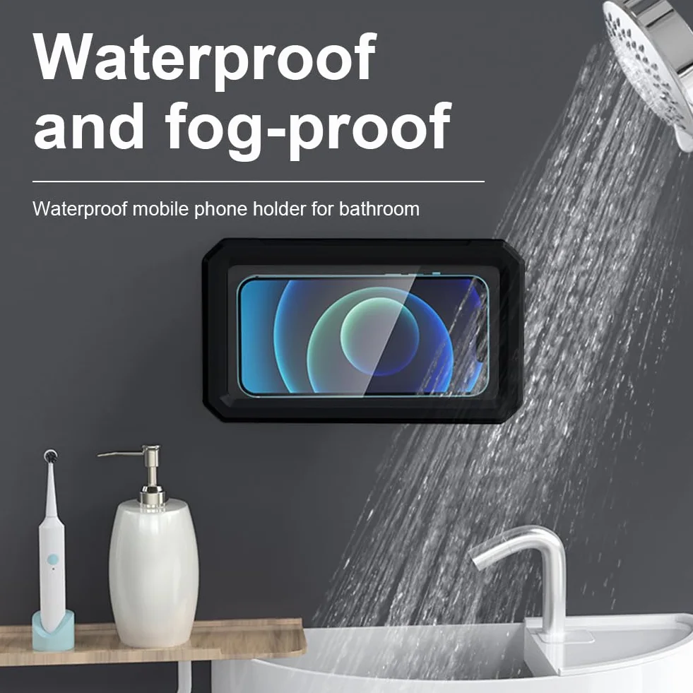 HOTUT Support de Téléphone de Douche Étanche, Étui Téléphone Mural Rotation à 360°, Support Universel pour Douche Salle de Bain Cuisine pour Moins 7" Phone, Écran Tactile Haute Définition - Noir