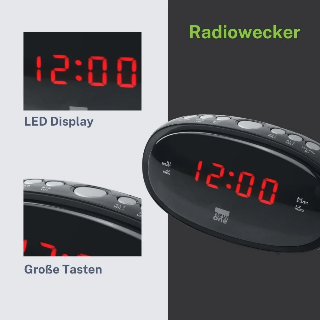 New One CR-100 Radio-Réveil avec Grand Écran LED | Double Alarme, Fonction Répétition, Radio FM, Luminosité Réglable, Alimentation Secteur + Sauvegarde Piles