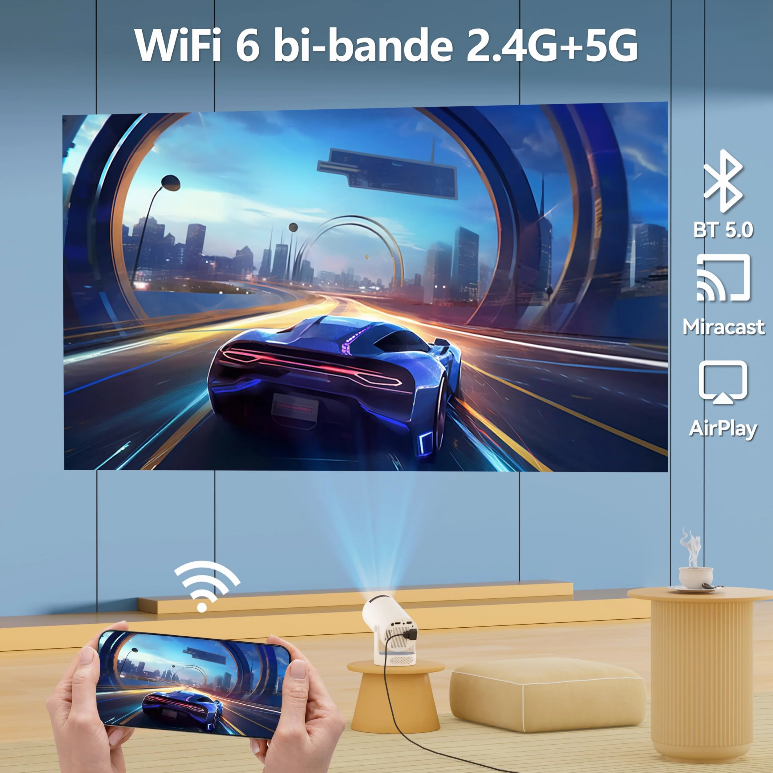 Vidéoprojecteur Intelligent Android 11, Mini Projecteur Portable FHD 1080P 4K, 300 ANSI Lumens, WiFi 6 Bluetooth 5.0