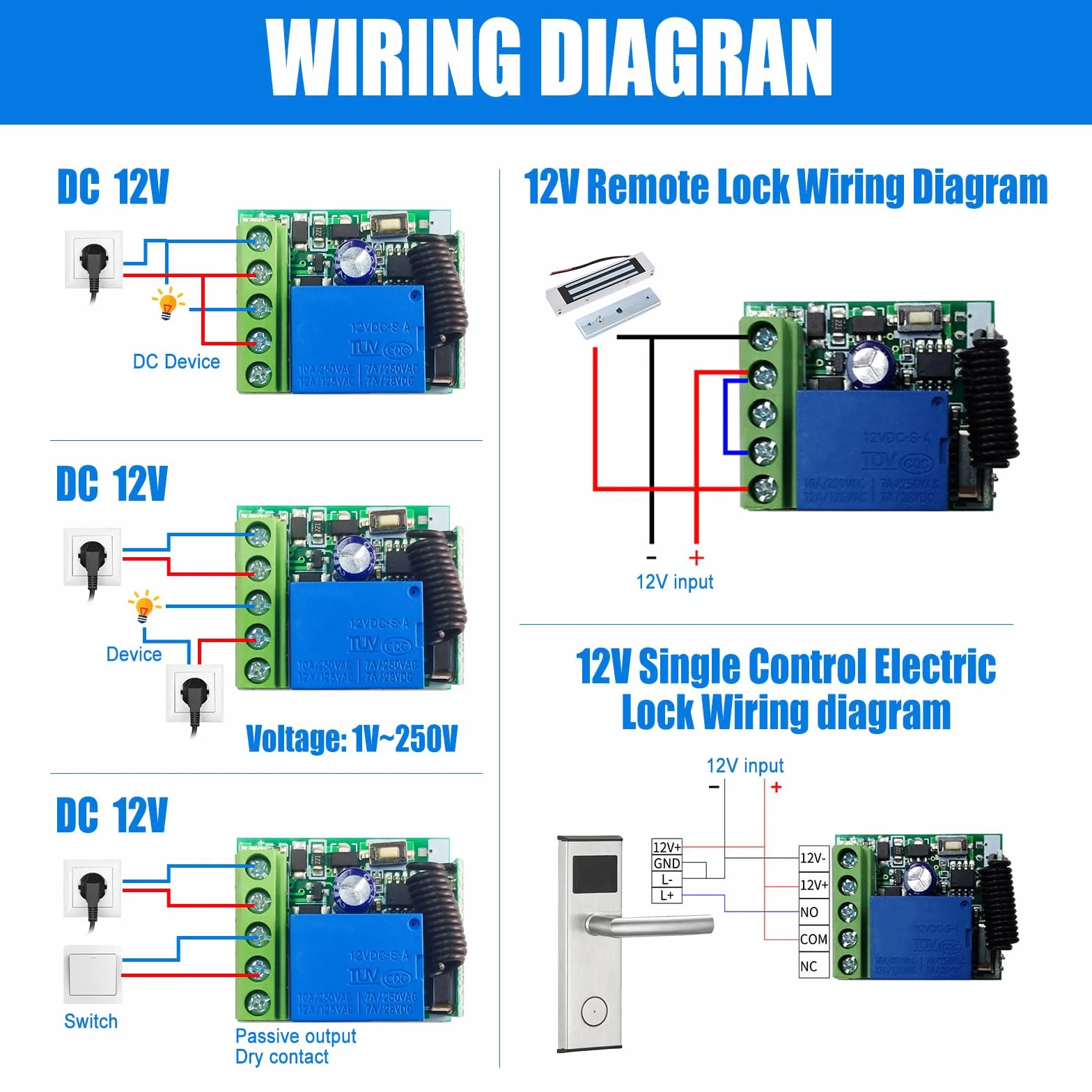 Télécommande sans fil 433 MHz DC 12 V 1CH RF Relais récepteur Module avec émetteur longue distance pour porte de garage (2 récepteurs + 5 télécommandes)