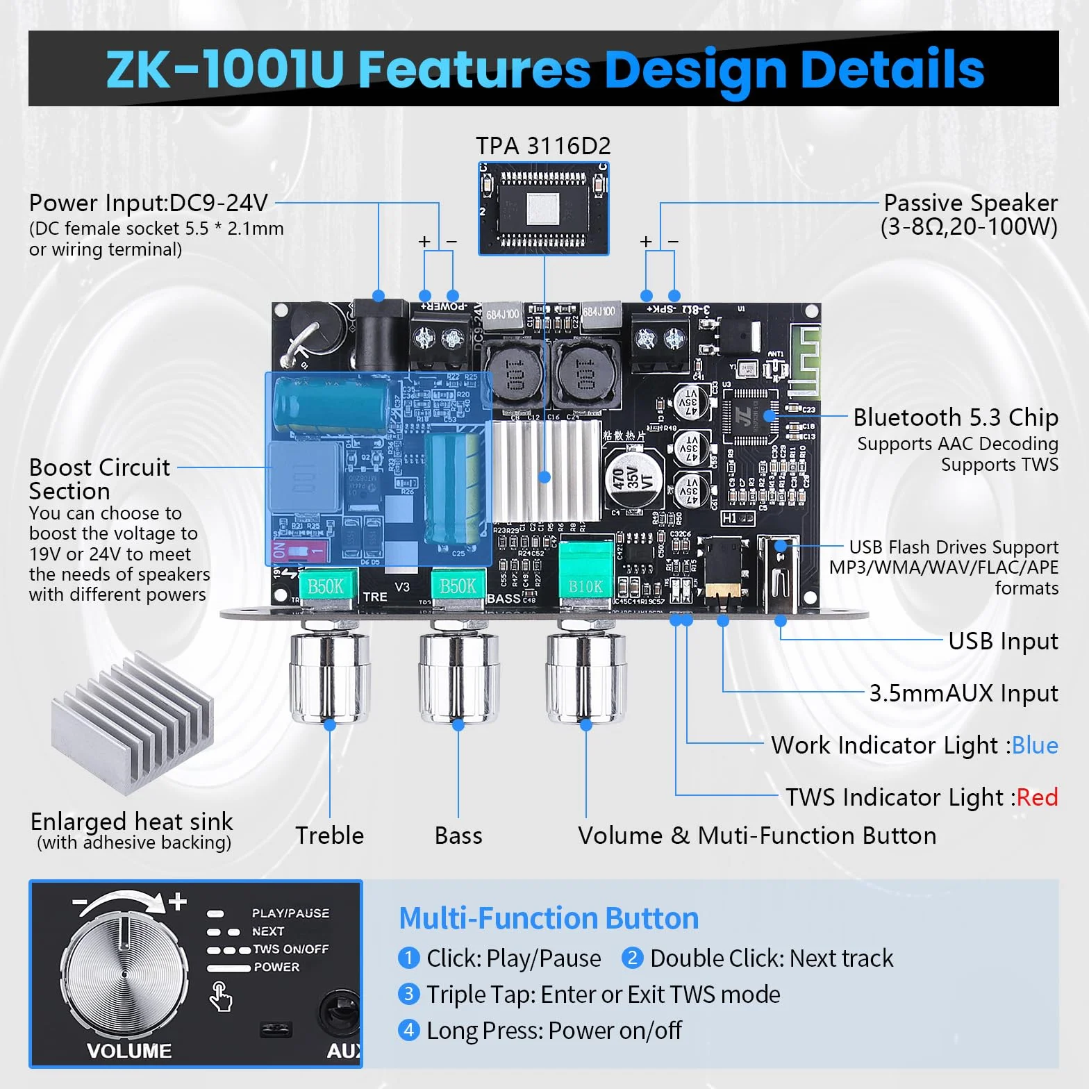 ZK-1001U Amplificateur audio Bluetooth 5.3 100W Stéréo HiFi avec entrée TB/USB/AUX