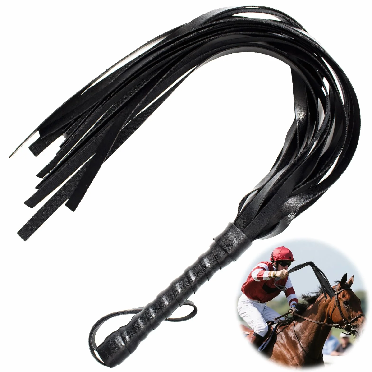 Fouet en Cuir Frangé 55cm Cravache Équitation Poignée Antidérapante Accessoire Entraînement