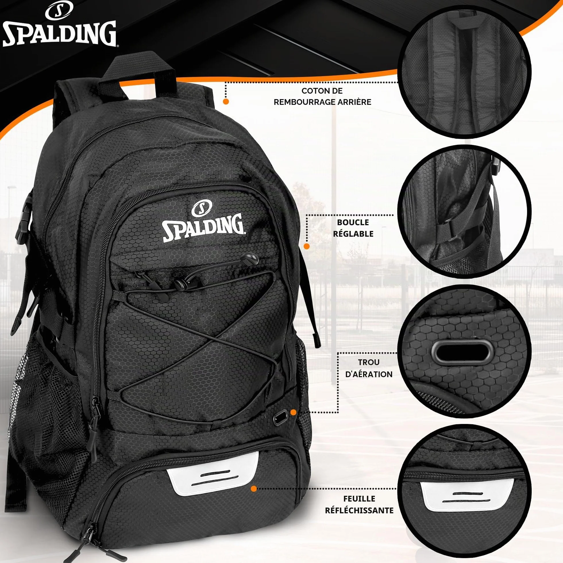 Spalding Sac à dos de basket-ball noir avec compartiment à chaussures et ballon