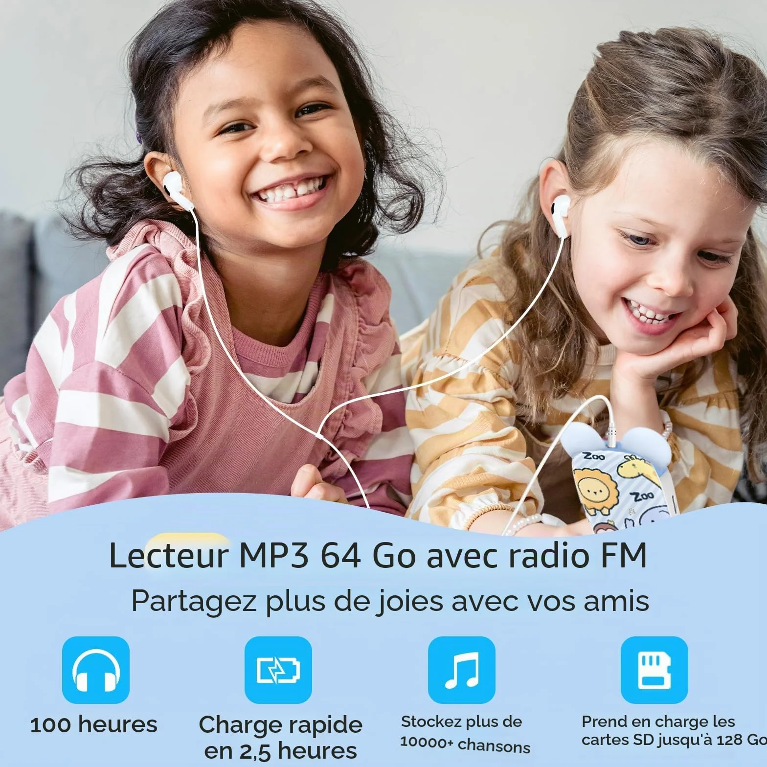 Lecteur MP3 Enfants Bluetooth 5.3 64GB avec Radio FM, Réveil, Enregistrement, Chronomètre