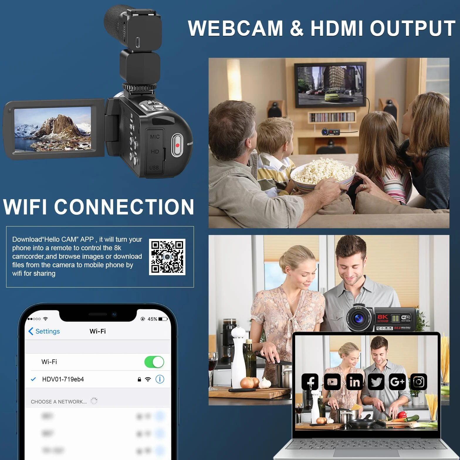 Caméscope 8K 64MP Caméra Vidéo Zoom Numérique 18X WiFi Écran Tactile UHD 3 Pouces IR Vision Nocturne Vlogging avec Carte SD 32 Go