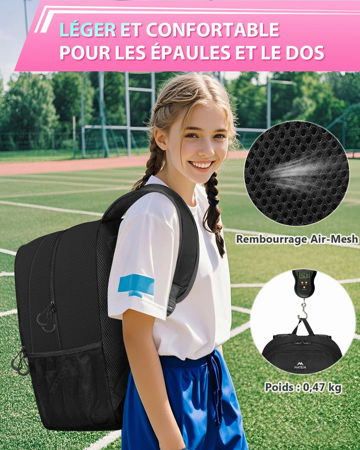 MATEIN Sac à Dos Football avec Compartiment à Chaussures Étanche pour Ordinateur Portable 15,6 Pouces, Noir