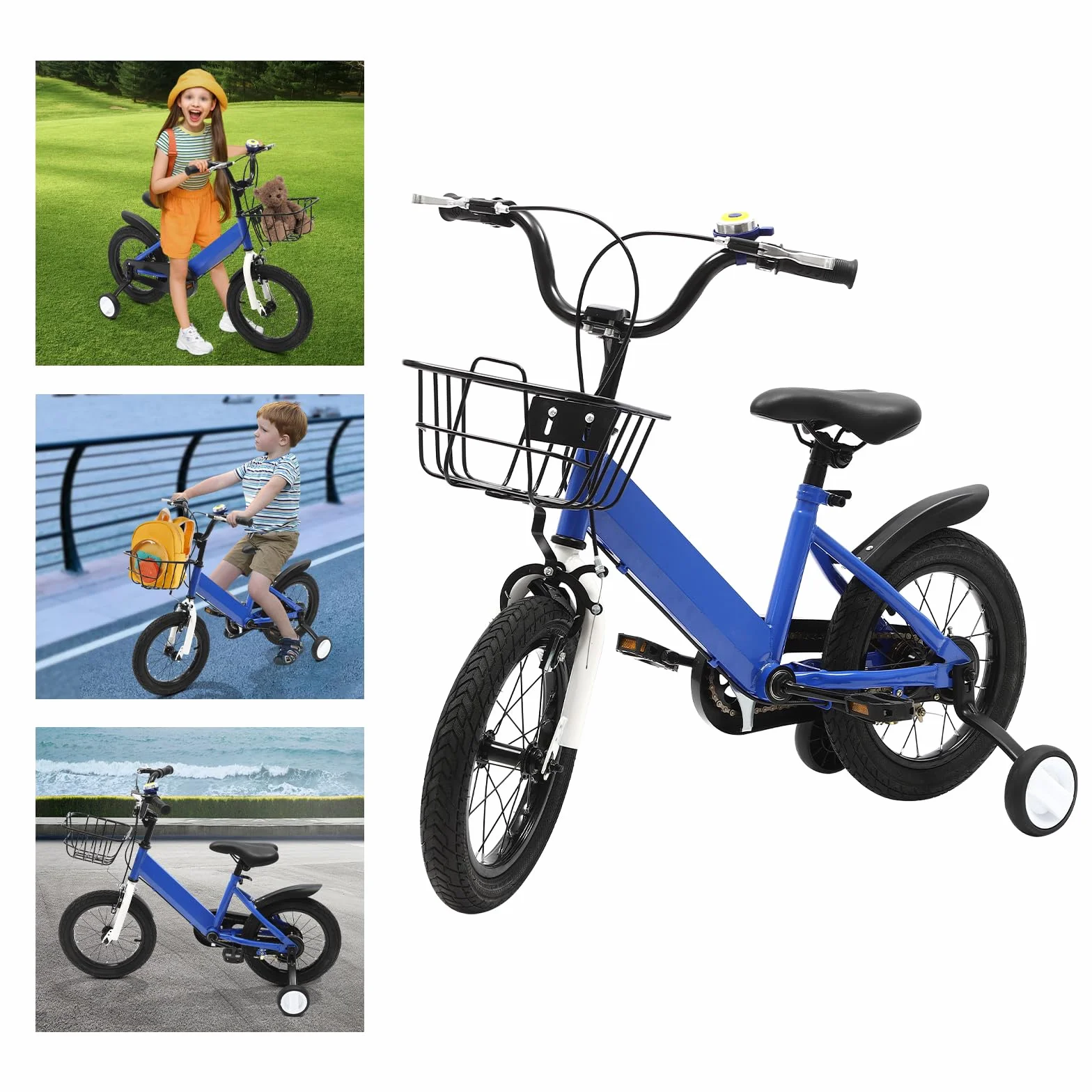 Vélo enfant 14 pouces roues stabilisatrices équilibre garçons filles 3-6 ans siège réglable rétropédalage frein main