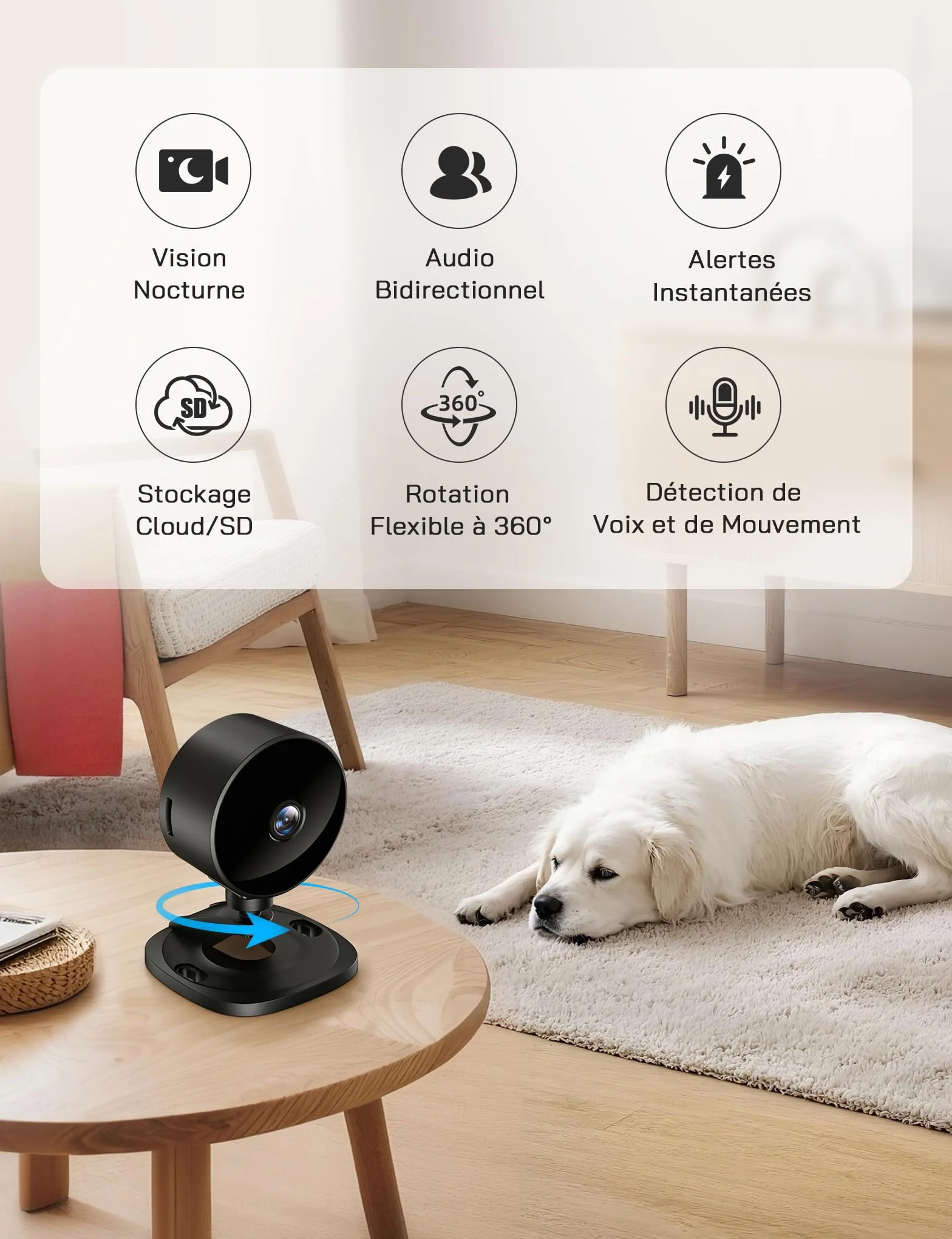 WOLFANG Caméra Intérieure sans Fil 1080P, Caméra WiFi avec Vision Nocturne, Détection de Mouvement, Audio Bidirectionnel, Compatible Alexa & Google Home, WiFi 2,4 GHz Uniquement