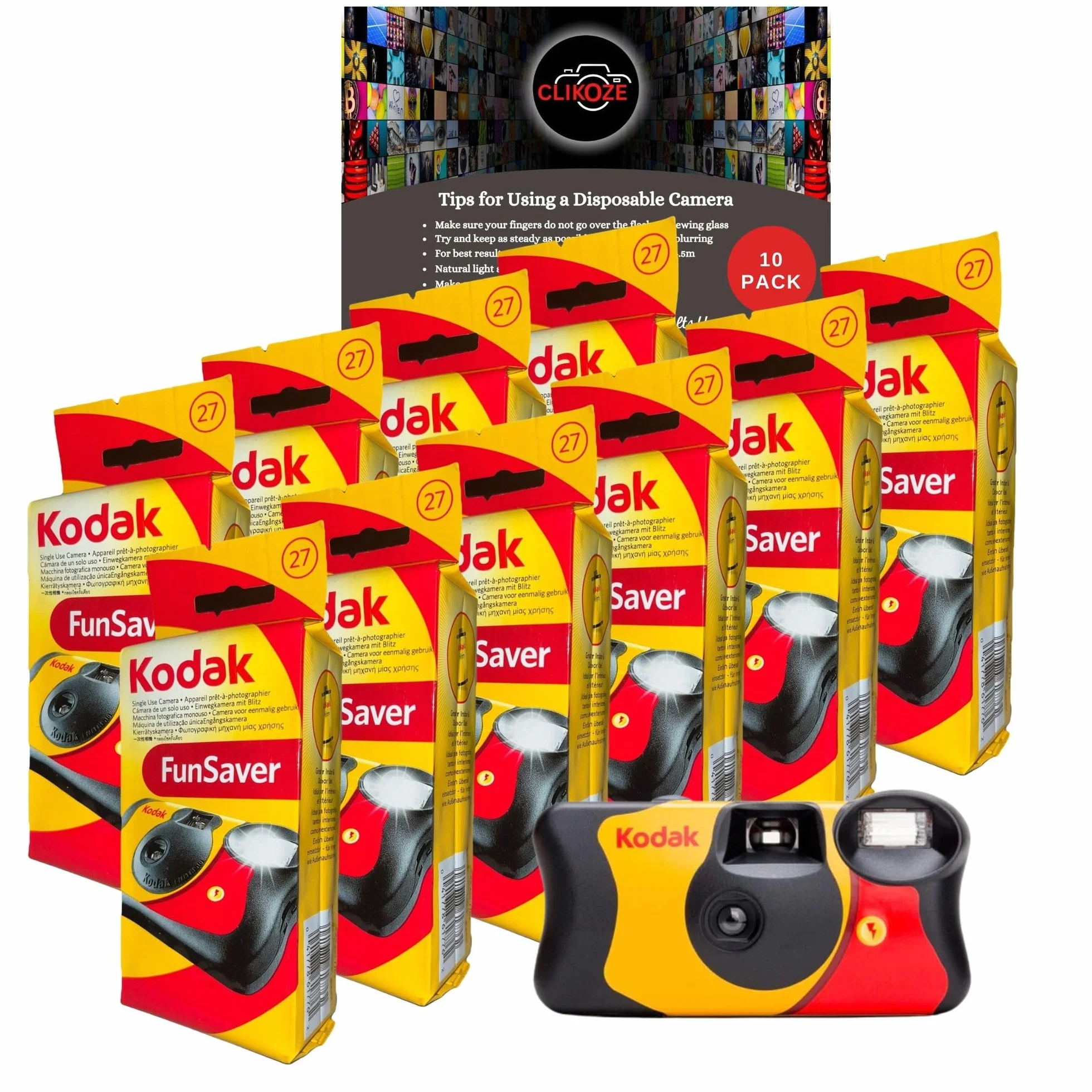 Lot d'appareils photo jetables – Comprend 10 paquets d'appareils photo Kodak Funsaver à usage unique 35 mm avec 27 poses et carte d'astuces pour photographie Clikoze