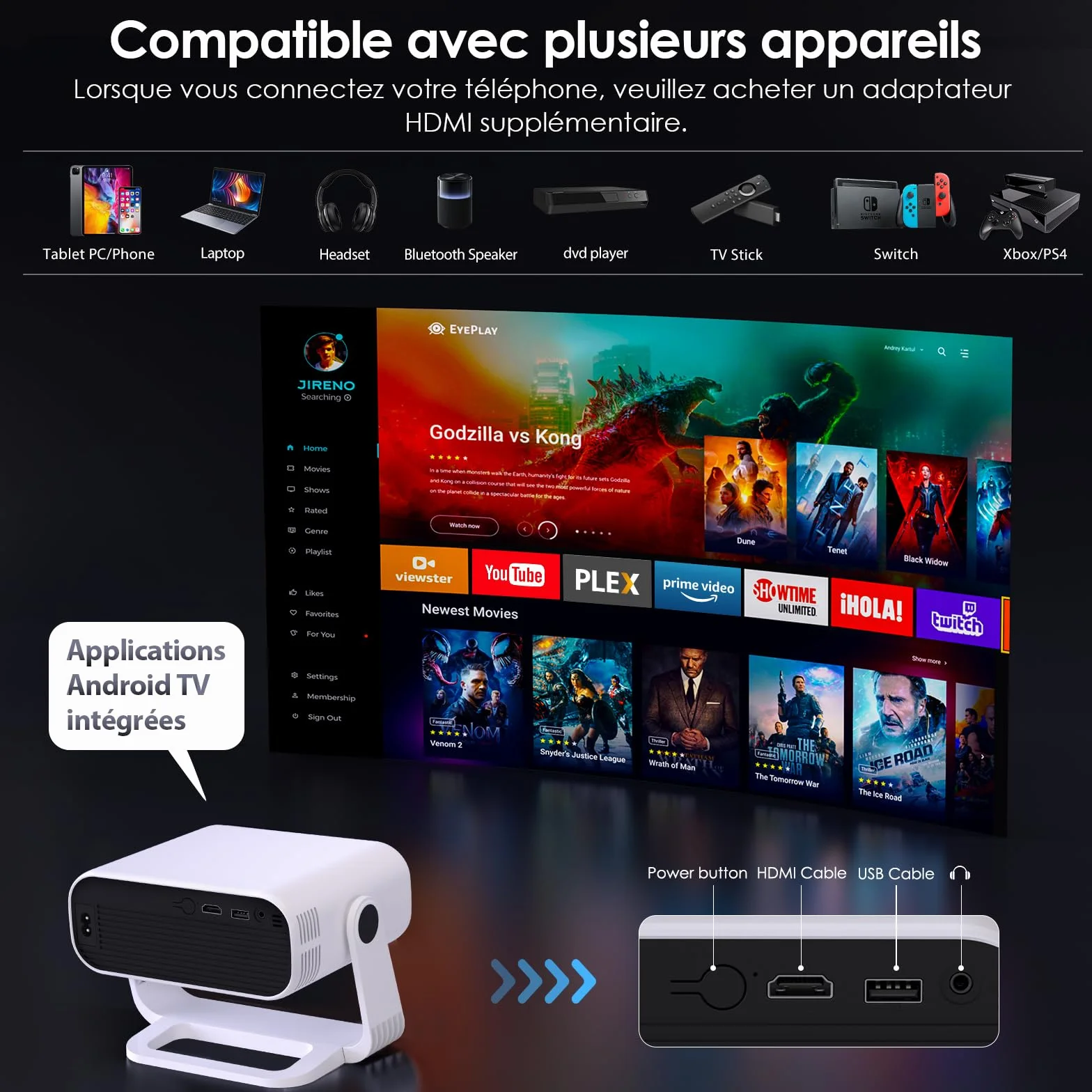 Videoprojecteur Intelligent 1080P Natif 4K WiFi 6 Bluetooth 5.2 210ANSI Correction Trapézoïdale Automatique Focus Électronique