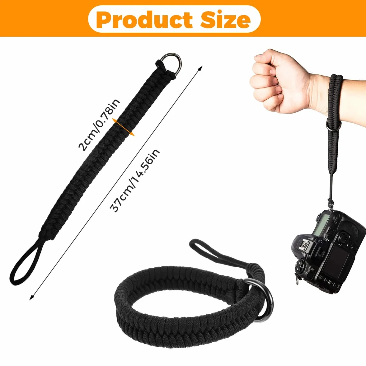 Dragonne Appareil Photo en Paracord 550, Noir Sangle de Poignet pour Appareil Photo, avec Anneaux en D, Compatible avec DSLR, Action Cam et Compact, Accessoire Sécurisé pour Photographie en Plein Air