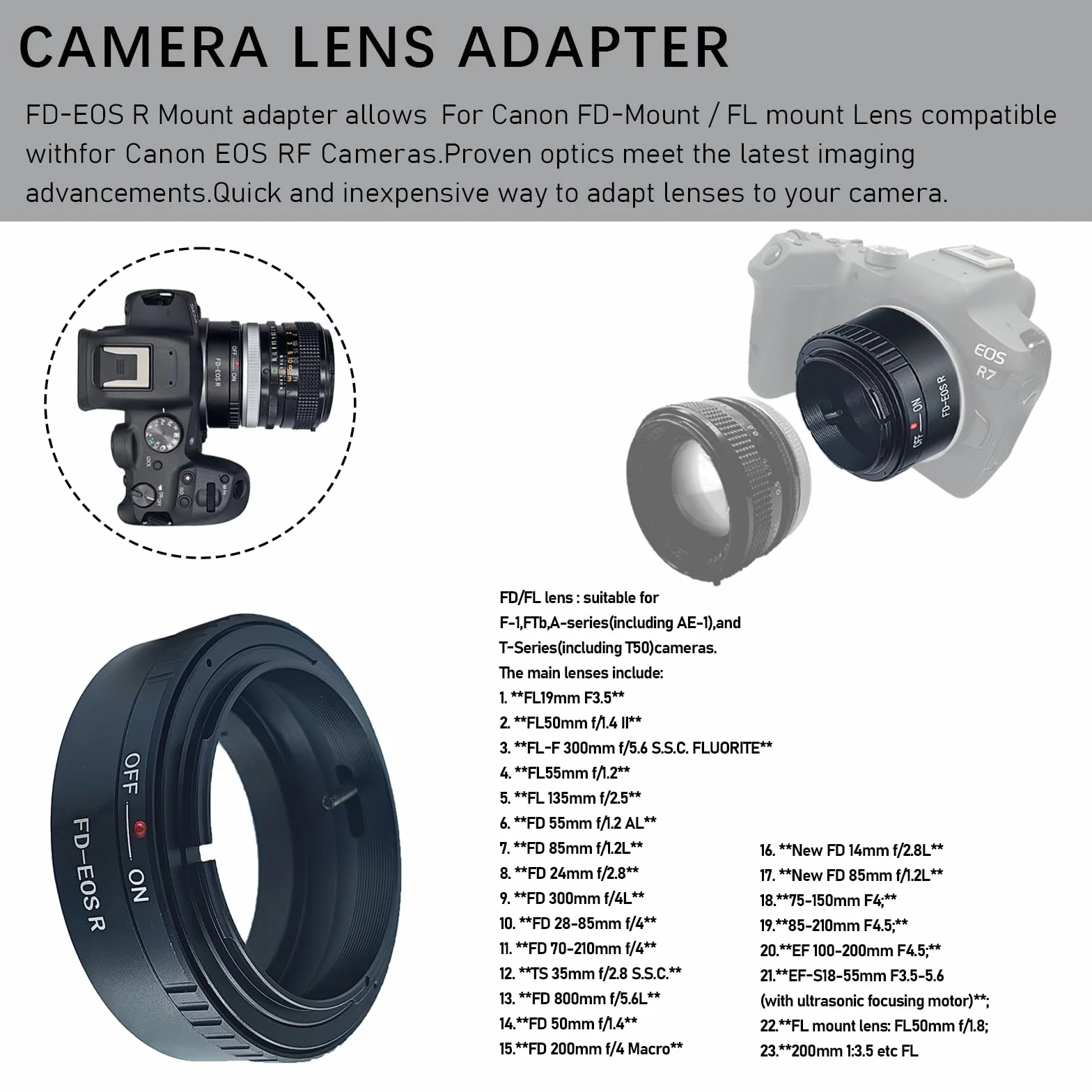 FD-EF R Bague d'adaptation pour Objectif FD/FL Compatible avec Appareil Photo EF R-Mount EF RF RP, FD to EFS R