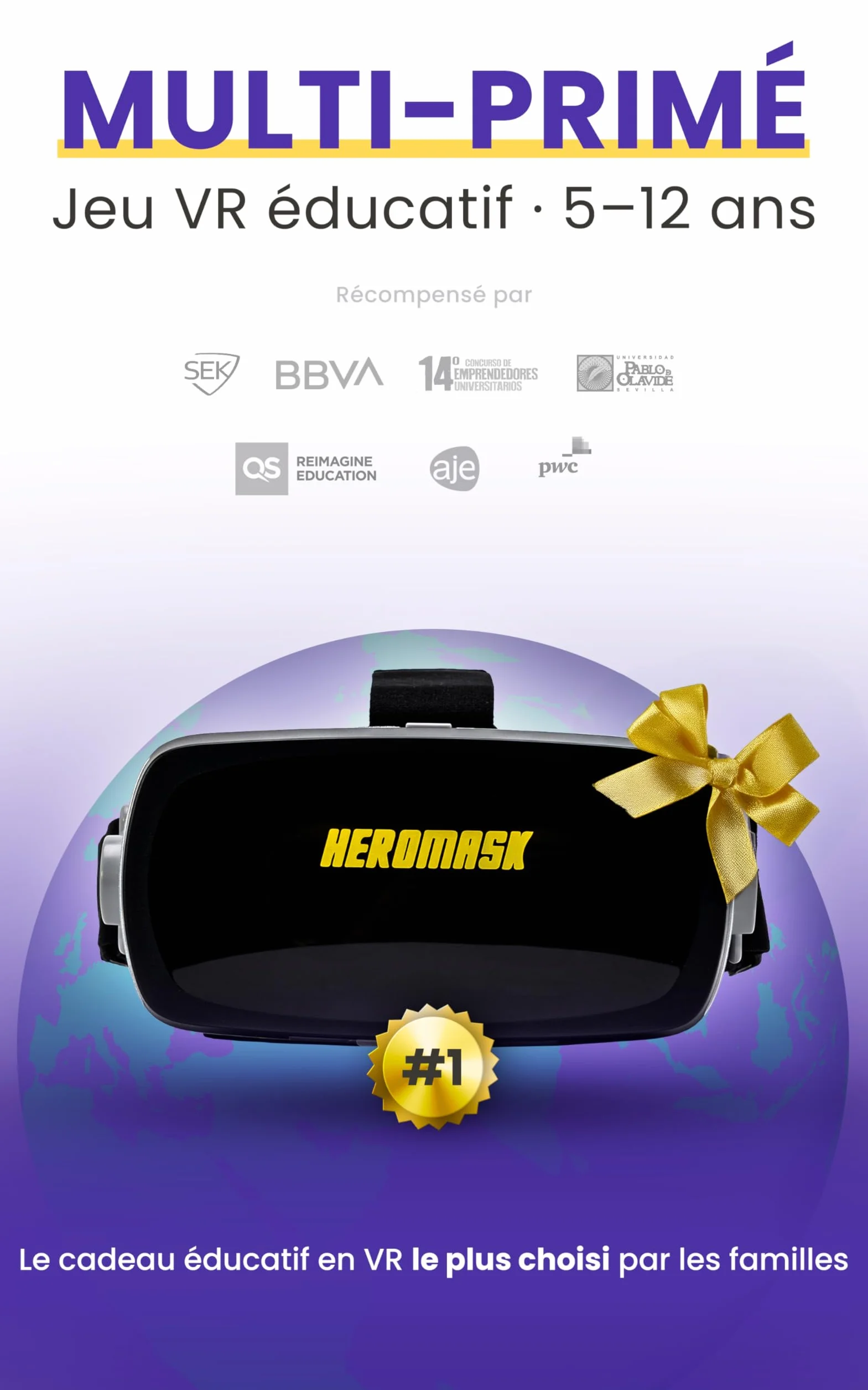 HeroMask Casque VR Réalité Virtuelle Enfant 5-12 Ans Jeux Maths Tables Multiplication Addition Calcul Mental