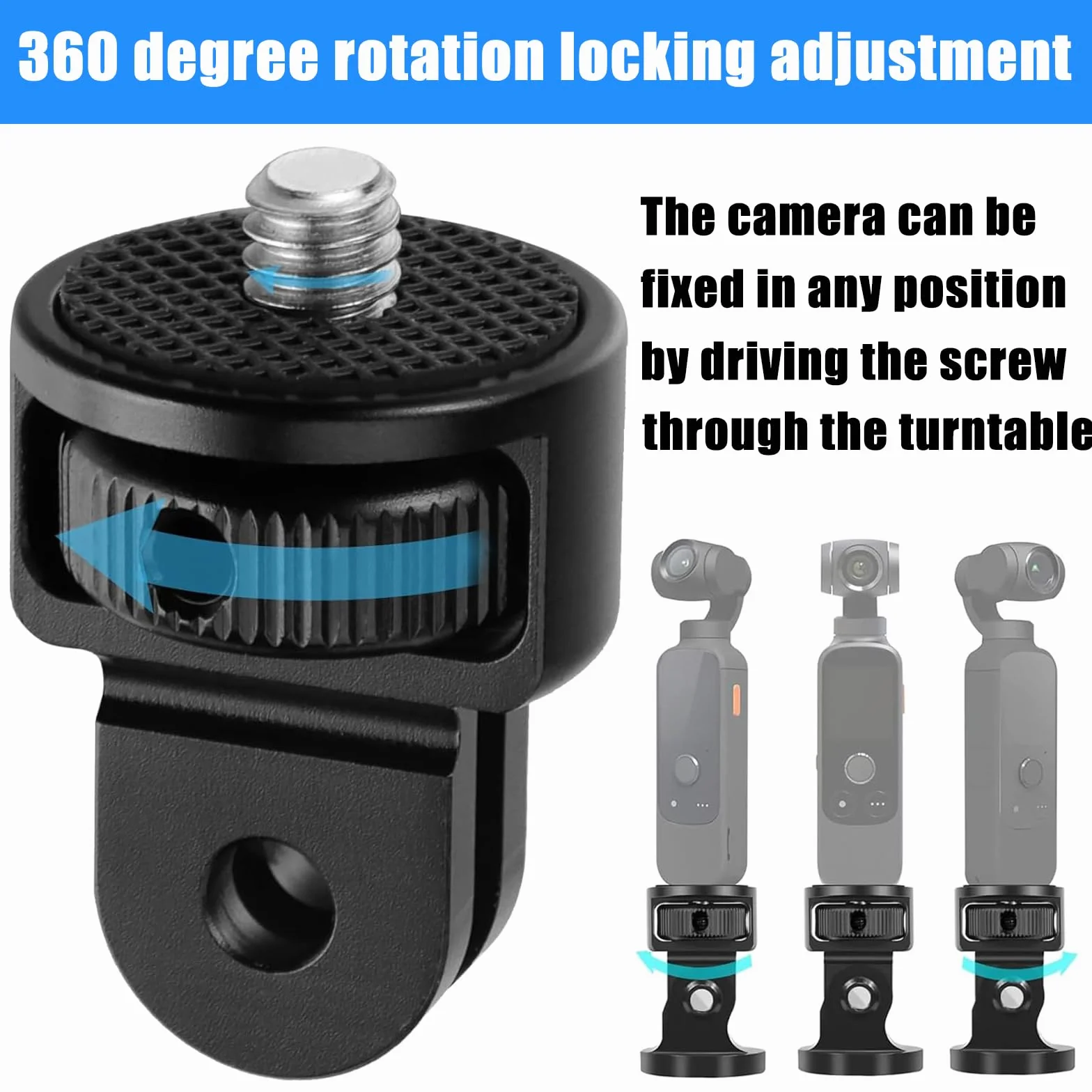 2 Pièces Adaptateur de Trépied en Aluminium, 1/4" Fixation de Trépied Compatible, Ajustement à 360 ° Adaptateur de Caméra, avec 2 Clés, pour Gopro Hero10, Sjcam Caméra(Noir)