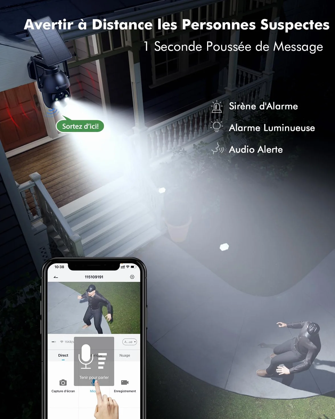YESYAMO 2K Camera Surveillance WiFi Exterieure sans Fil Solaire, Panneau Solaire, 355° PTZ, Vision Nocturne Couleur, Audio Bidirectionnel, PIR Sirène Noir