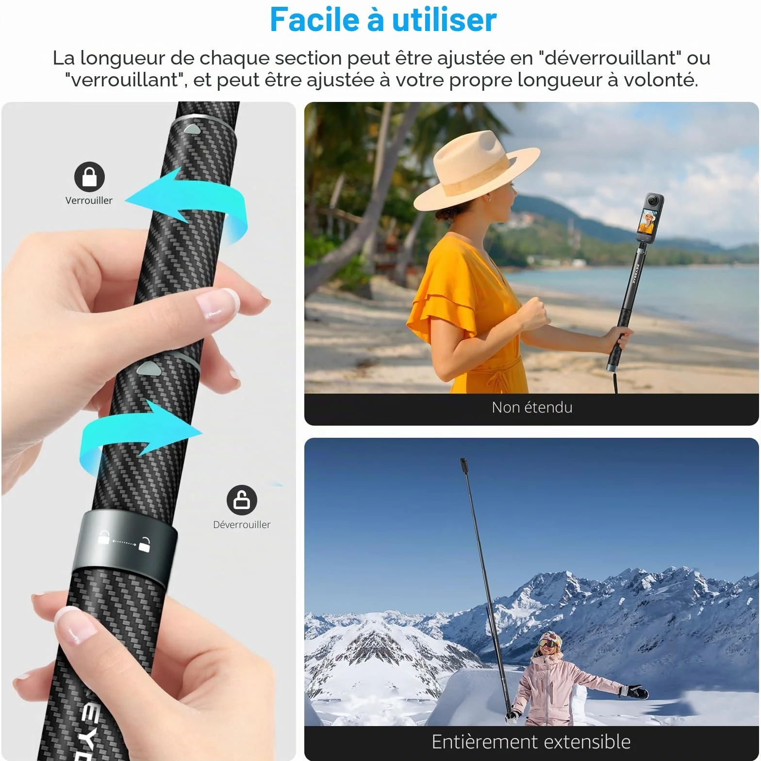 REYGEAK 300cm / 118 "Extended Selfie Rod pour insta360 X4, 7 Pieds Extra Long Invisible Selfie Rod avec 1/4 vis Fibre de Carbone Étanche Extension Monopode pour inst360 X4 / X3 /X2 / One