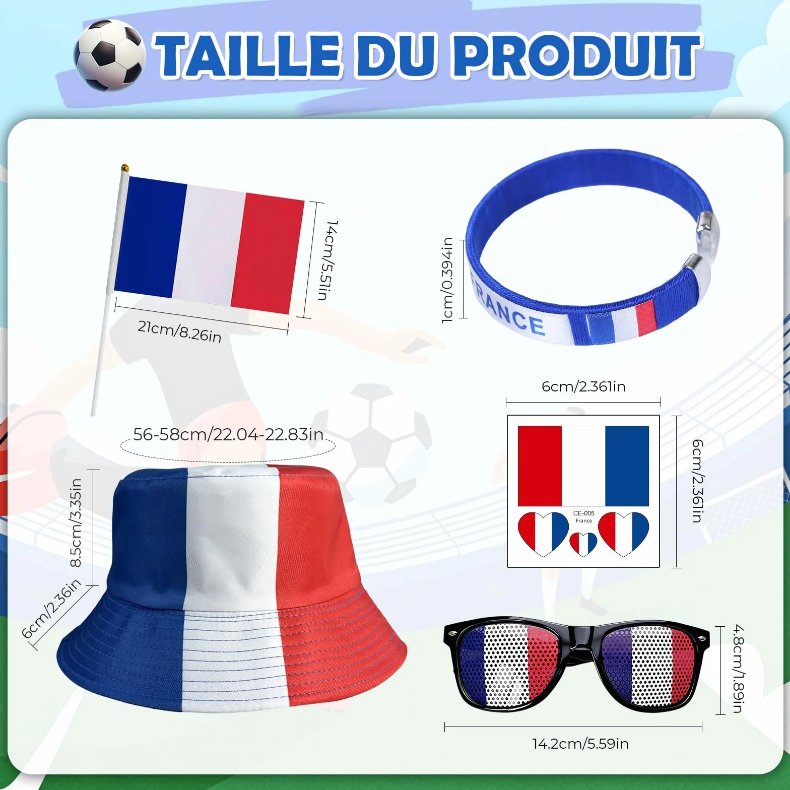 Kit Supporter France 8 Pièces Accessoires Tricolores Chapeau Lunettes Drapeaux Bracelet Autocollants Bleu Blanc Rouge Maillot Equipe De France Foot 2026