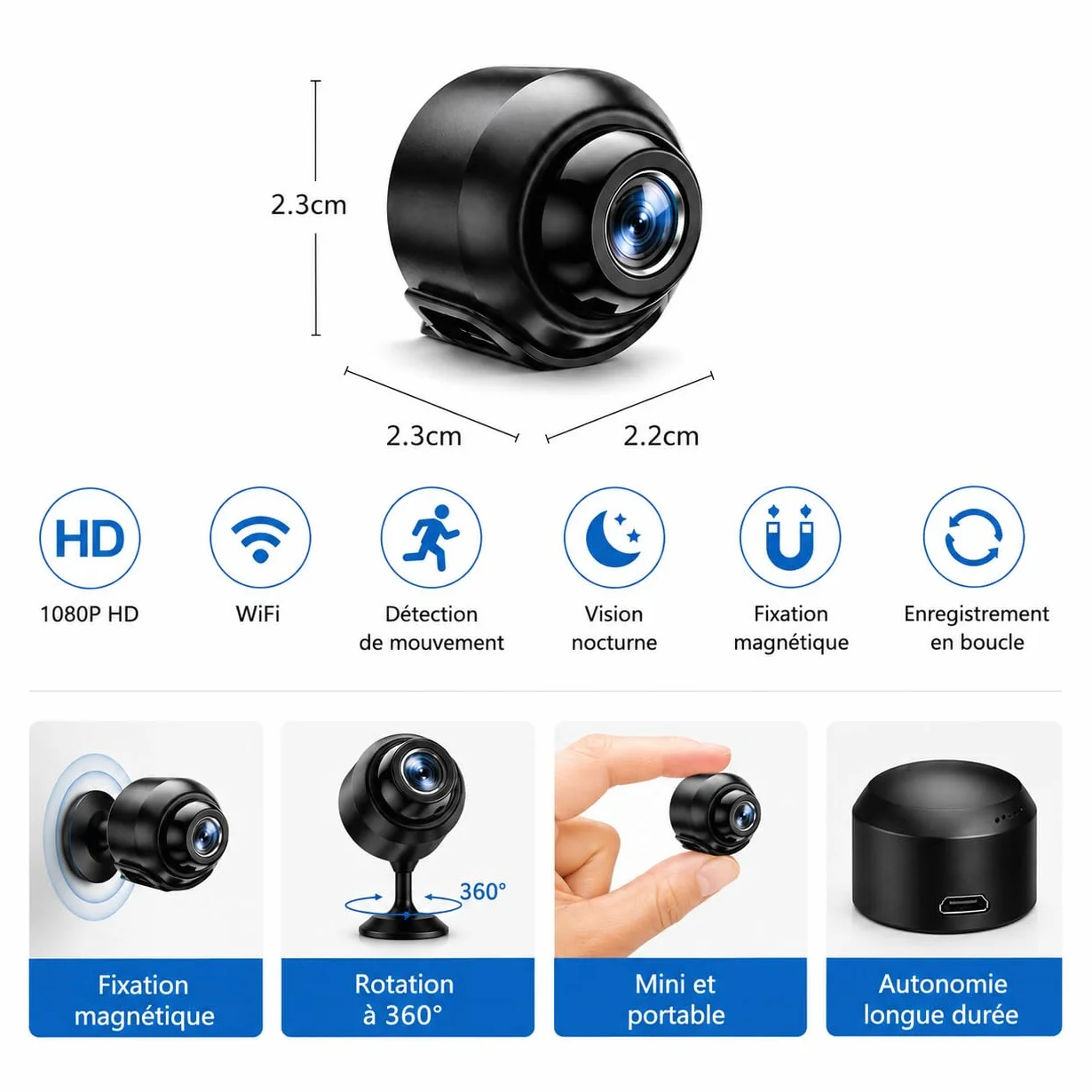 Mini Caméra Espion WiFi HD 1080P Caméra Cachée Sans Fil Vision Nocturne Détection de Mouvement Accès à Distance Enregistrement Continu Surveillance Intérieure Maison