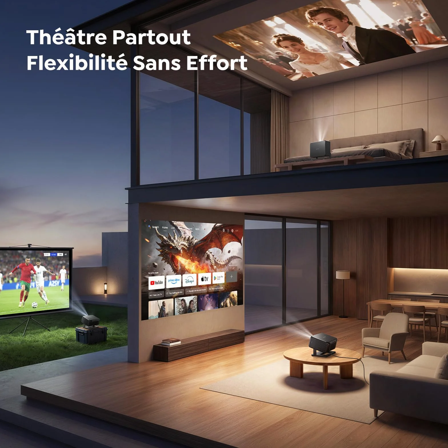 Vidéoprojecteur 4K【Google TV/Auto Focus/Keystone】Mini Projecteur Portable FHD 1080P Courte Focale, Contrôle Vocal, TOPTRO Rétroprojecteur Portable avec WiFi6, Bluetooth 5.4, Zoom 50 % pour Home Cinéma
