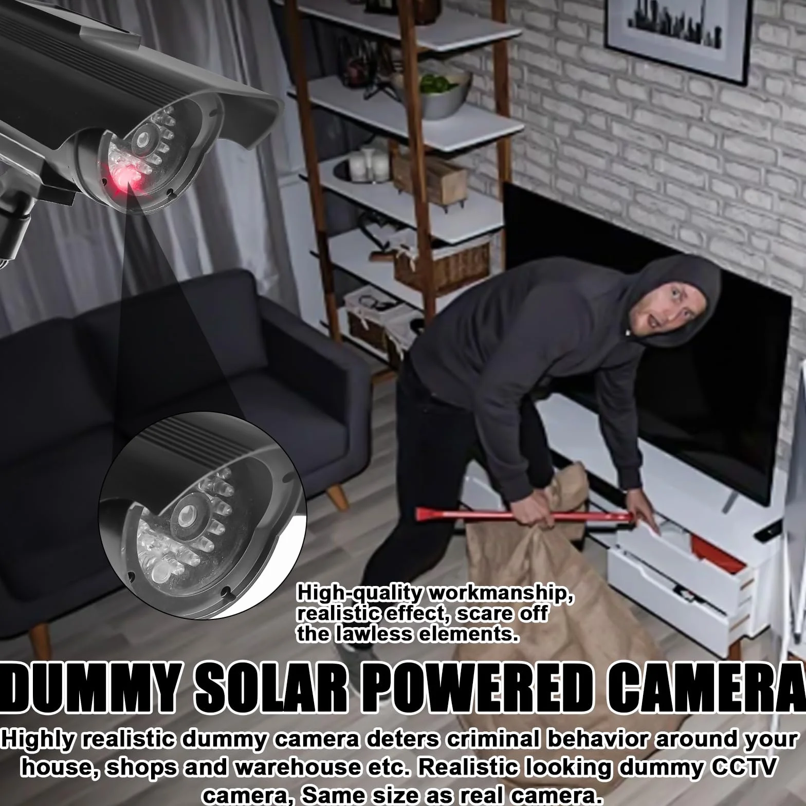 Lot de 2 caméras factices - Fonctionnement solaire - Simulée - Caméra de surveillance factice avec LED clignotante - Pour garage, arrière-cour, porte d'entrée