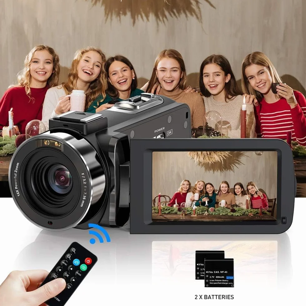 Caméscope, Camescope Numerique 1080P 36MP IR Vision Nocturne 16X Zoom Numérique 3,0 Pouces LCD 270 Degrés Ecran Rotatif Vlogging Caméra pour Youtube avec Télécommande, 2 Piles
