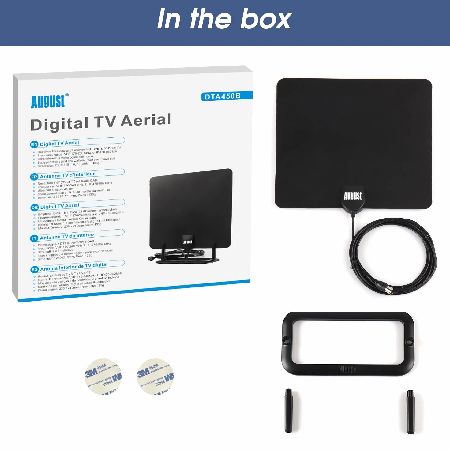 August DTA450 Antenne TV d’Intérieur TNT HD Puissante Numérique avec Câble 3m UHV VHF Noir