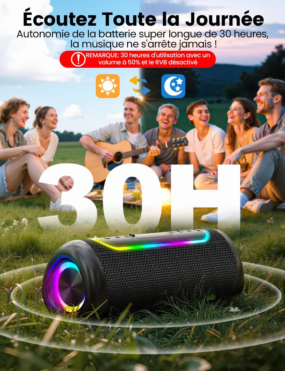 Enceinte Bluetooth Portable 30W Bluetooth 5.4 TWS 360° IPX5 Jusqu'à 30H Portée 30m